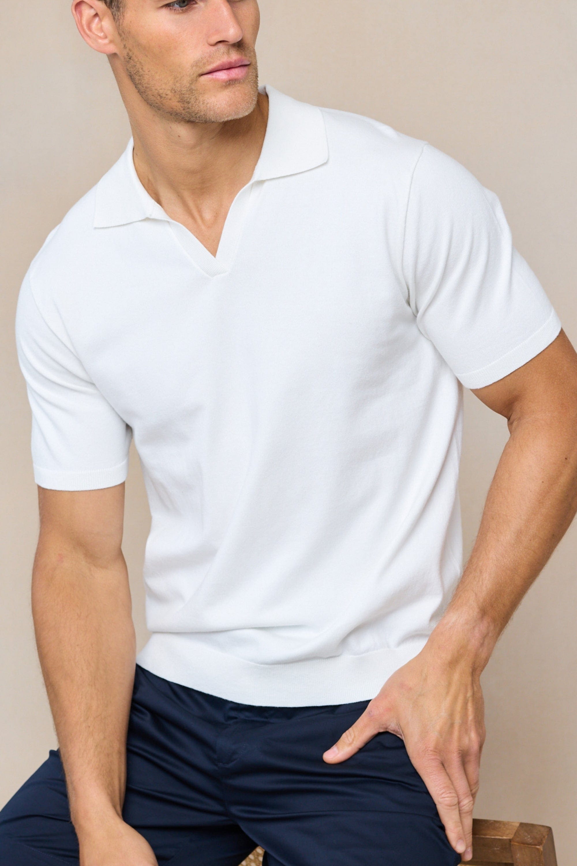Privia Knitted Open Neck Polo - Ecru