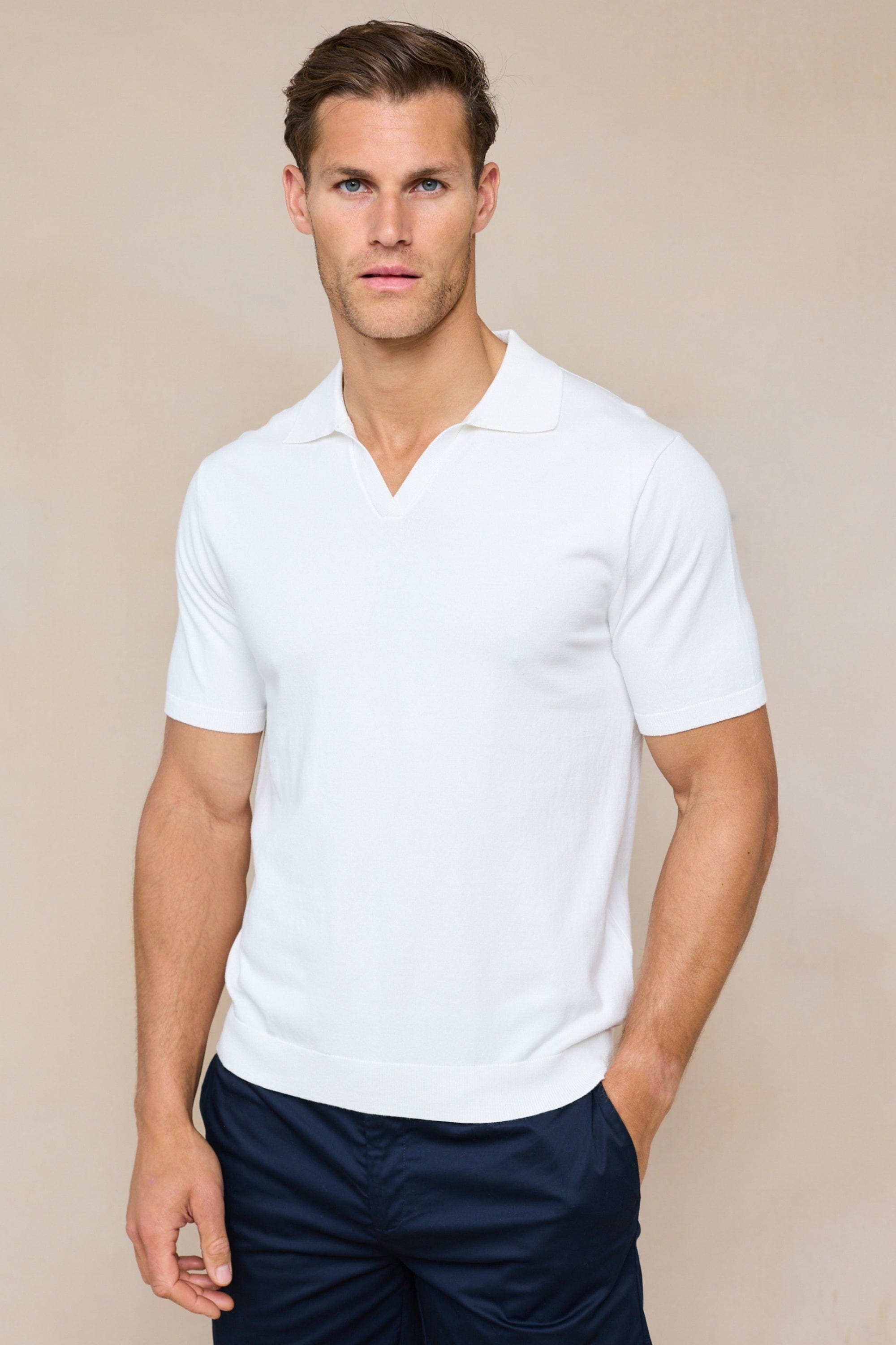 Privia Knitted Open Neck Polo - Ecru