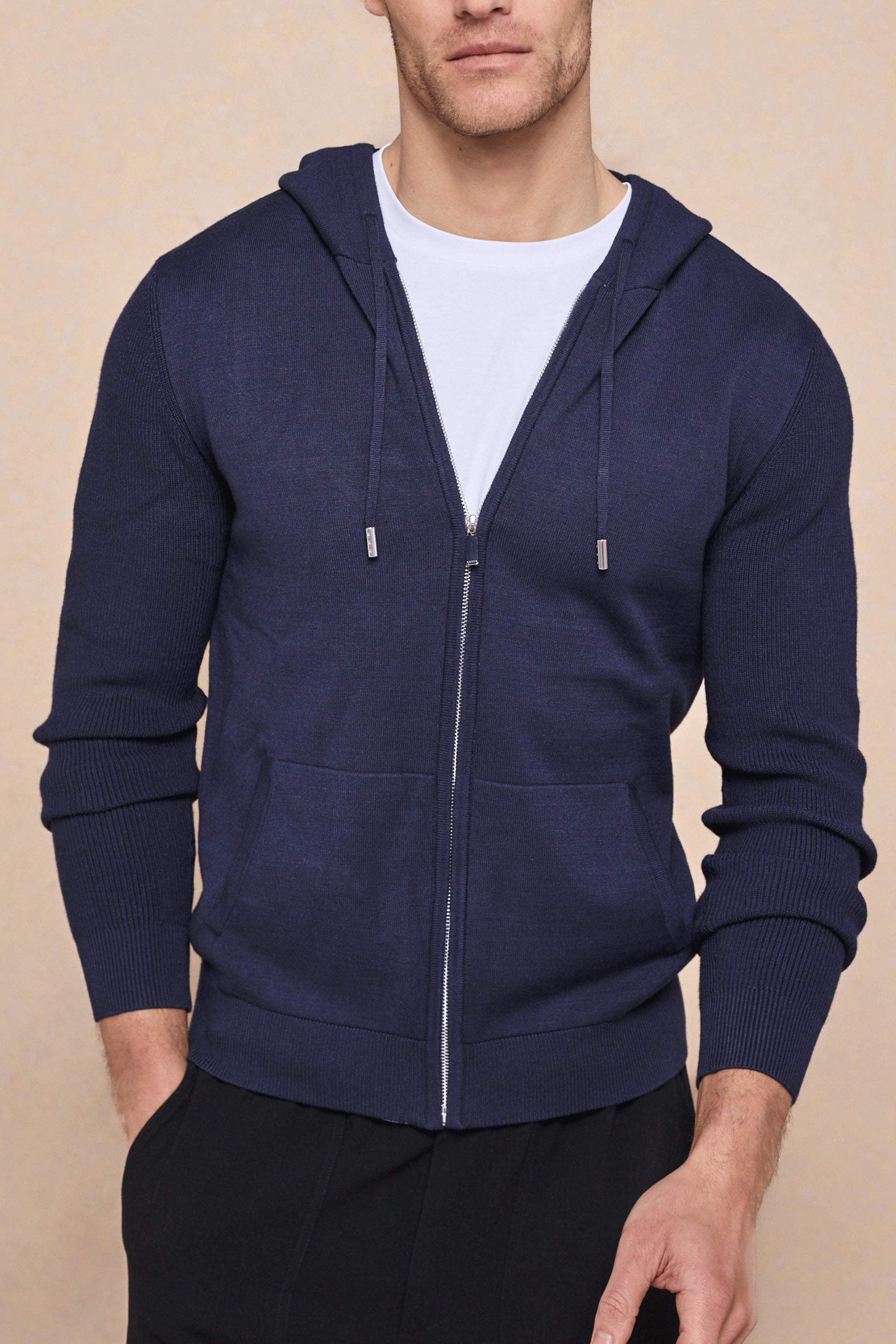 Nolan Knitted Zip Through Hoodie - Navy