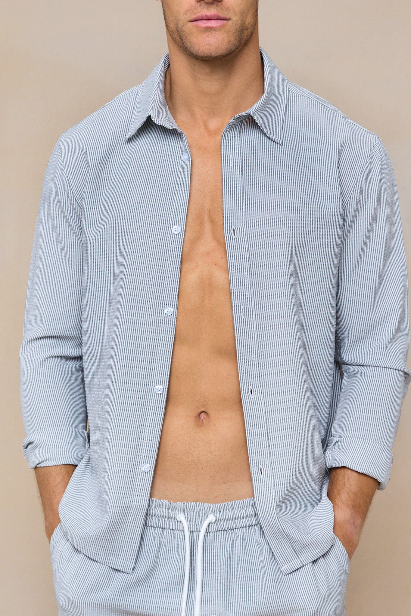 Vittorio Seersucker Langarmhemd - Schwarz/Weiß