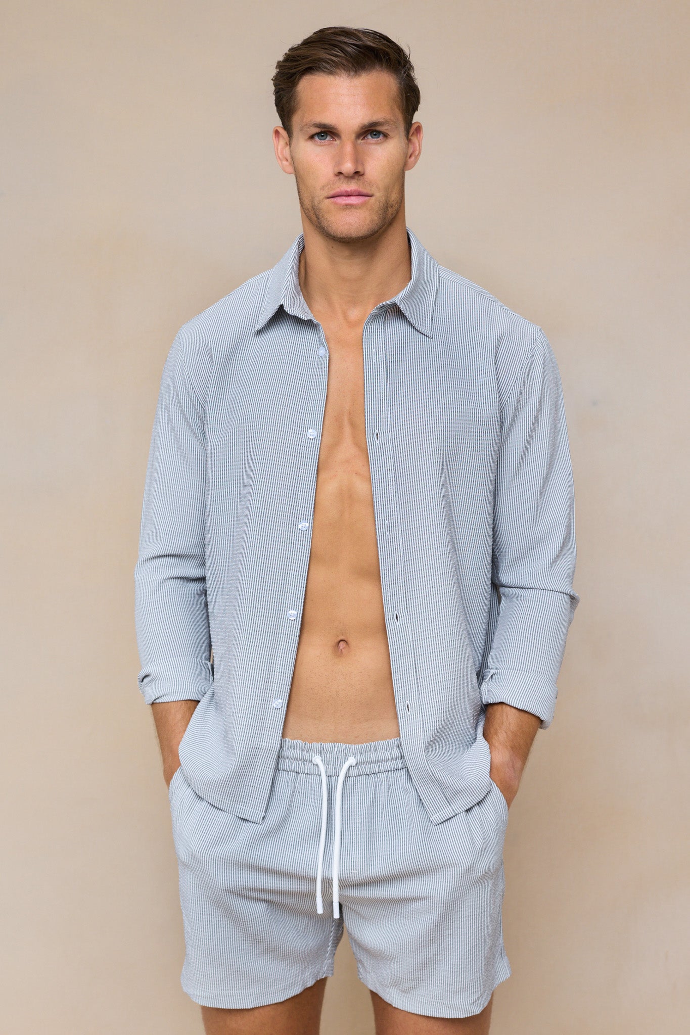 Vittorio Seersucker Long Sleeve Shirt - Black/White