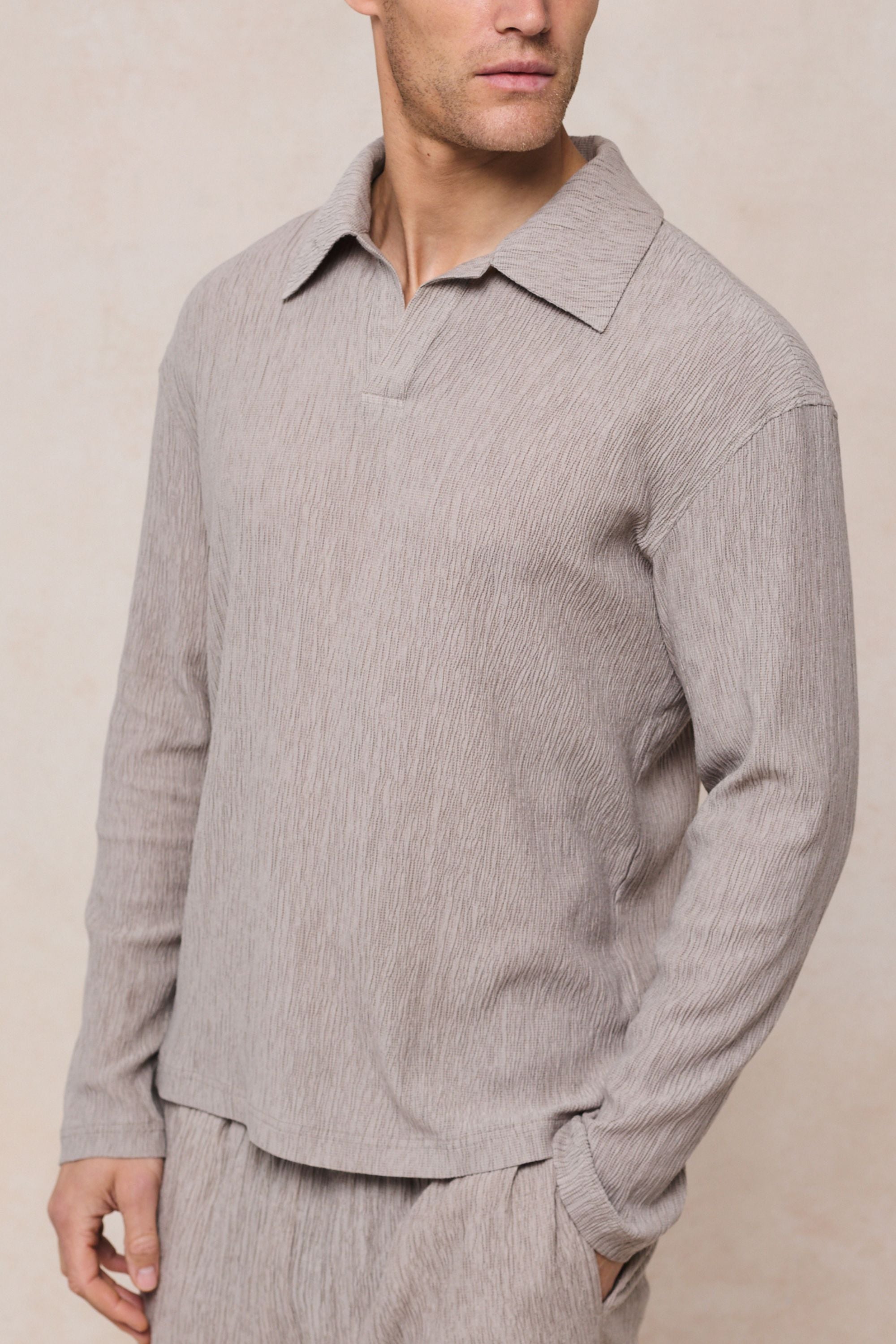 Arty Long Sleeve Open Collar Polo - Mushroom