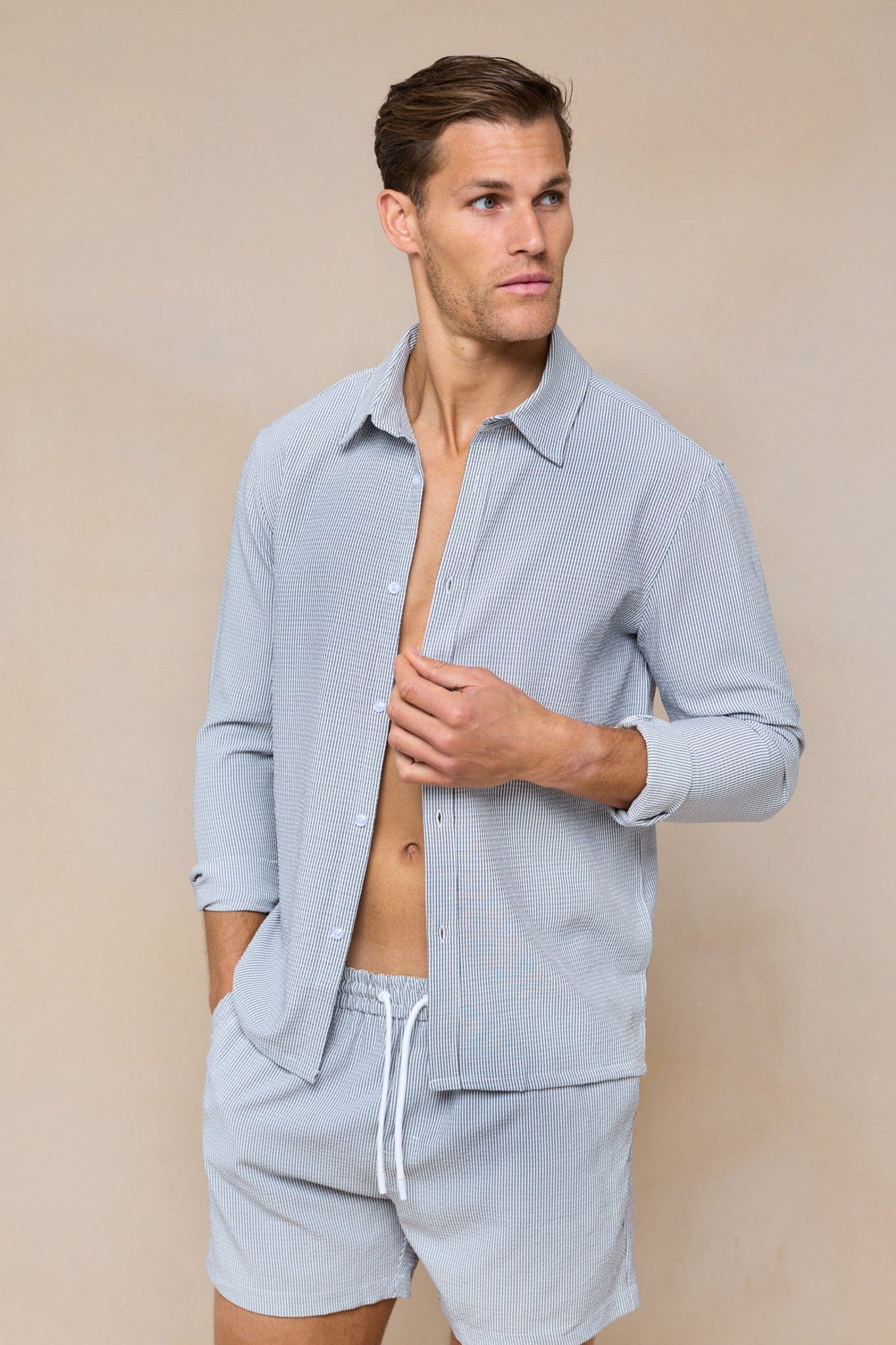 Vittorio Seersucker Langarmhemd - Schwarz/Weiß