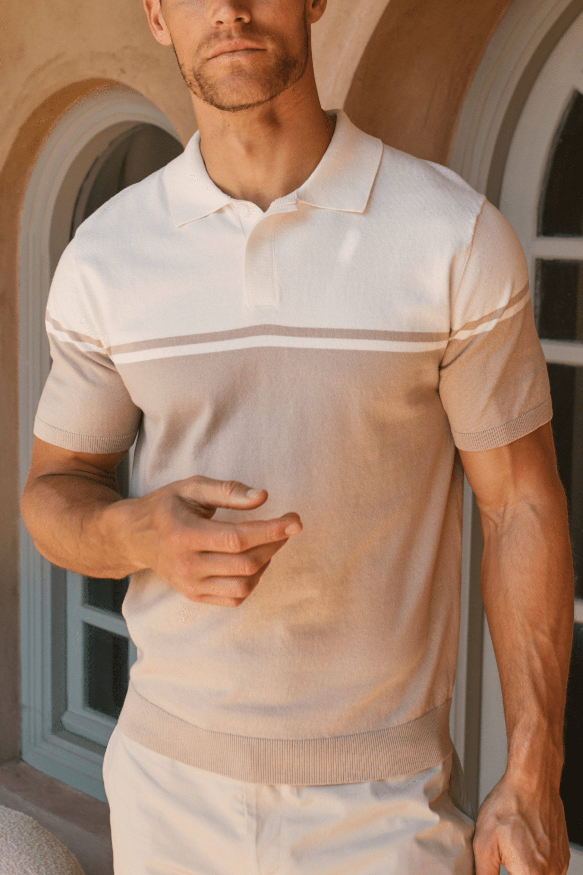 Vicolo Knitted Striped Block Polo SS - Ecru/Sand