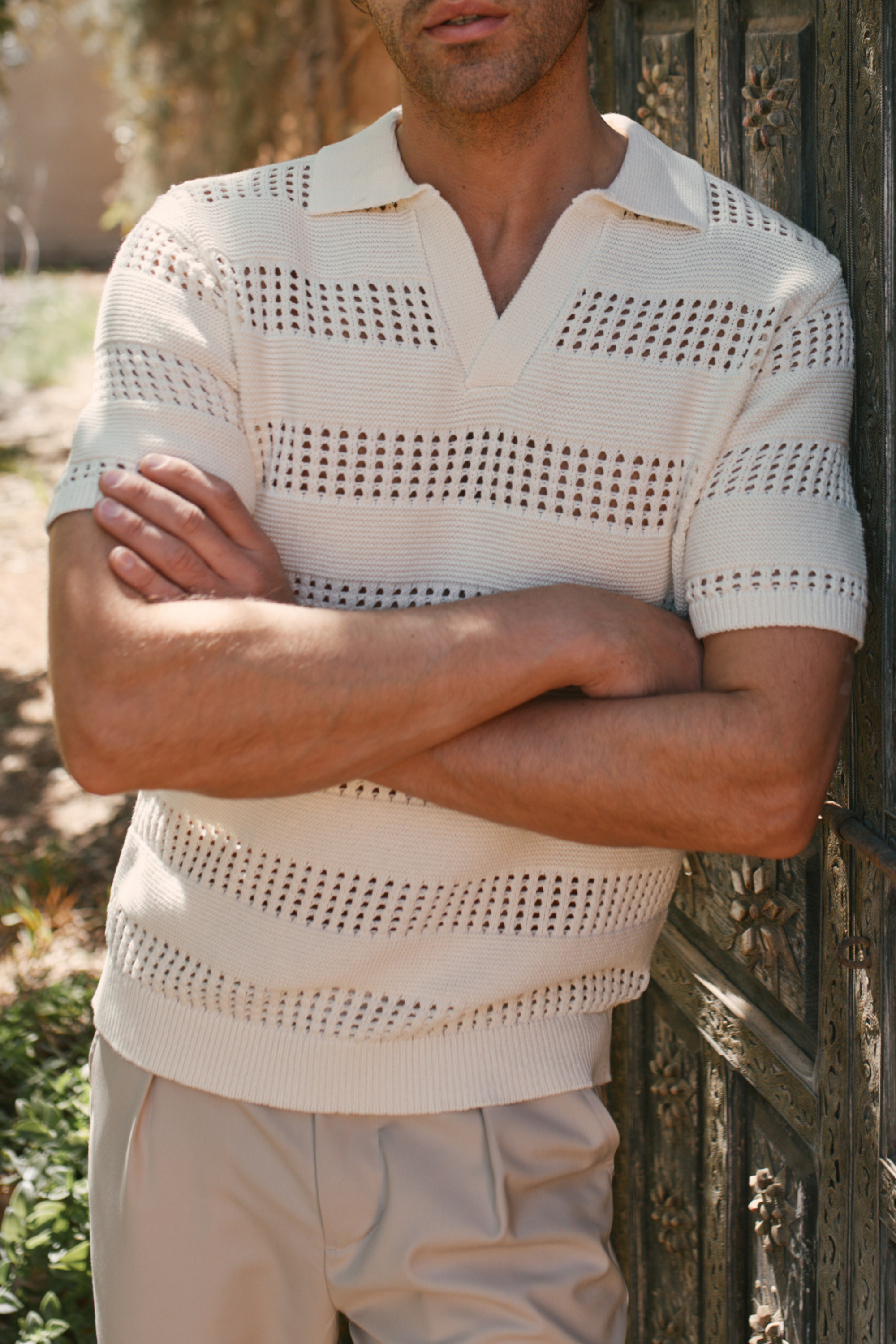 Frattina Crochet Cotton Knit Polo - Ecru