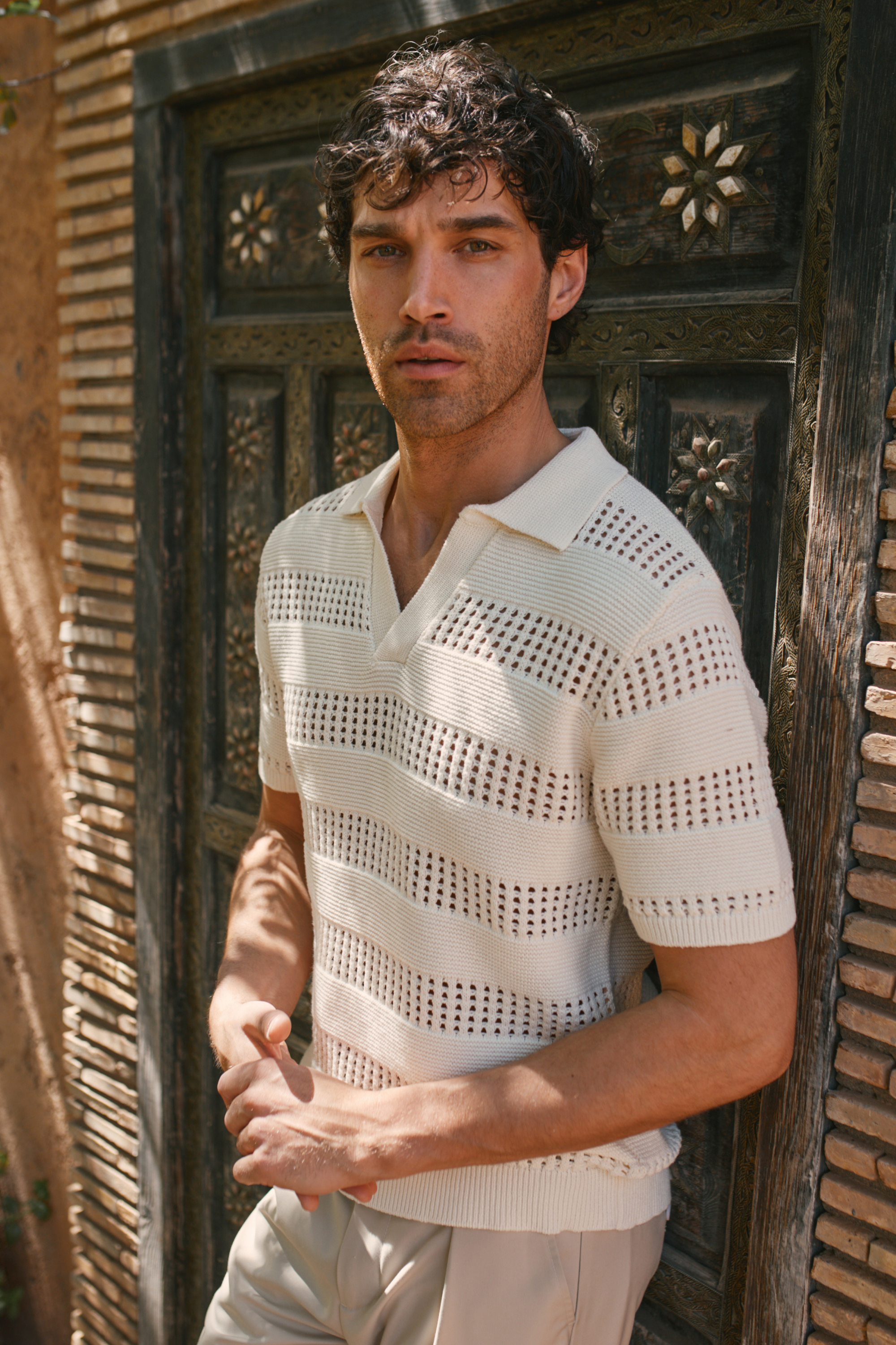 Frattina Crochet Cotton Knit Polo - Ecru