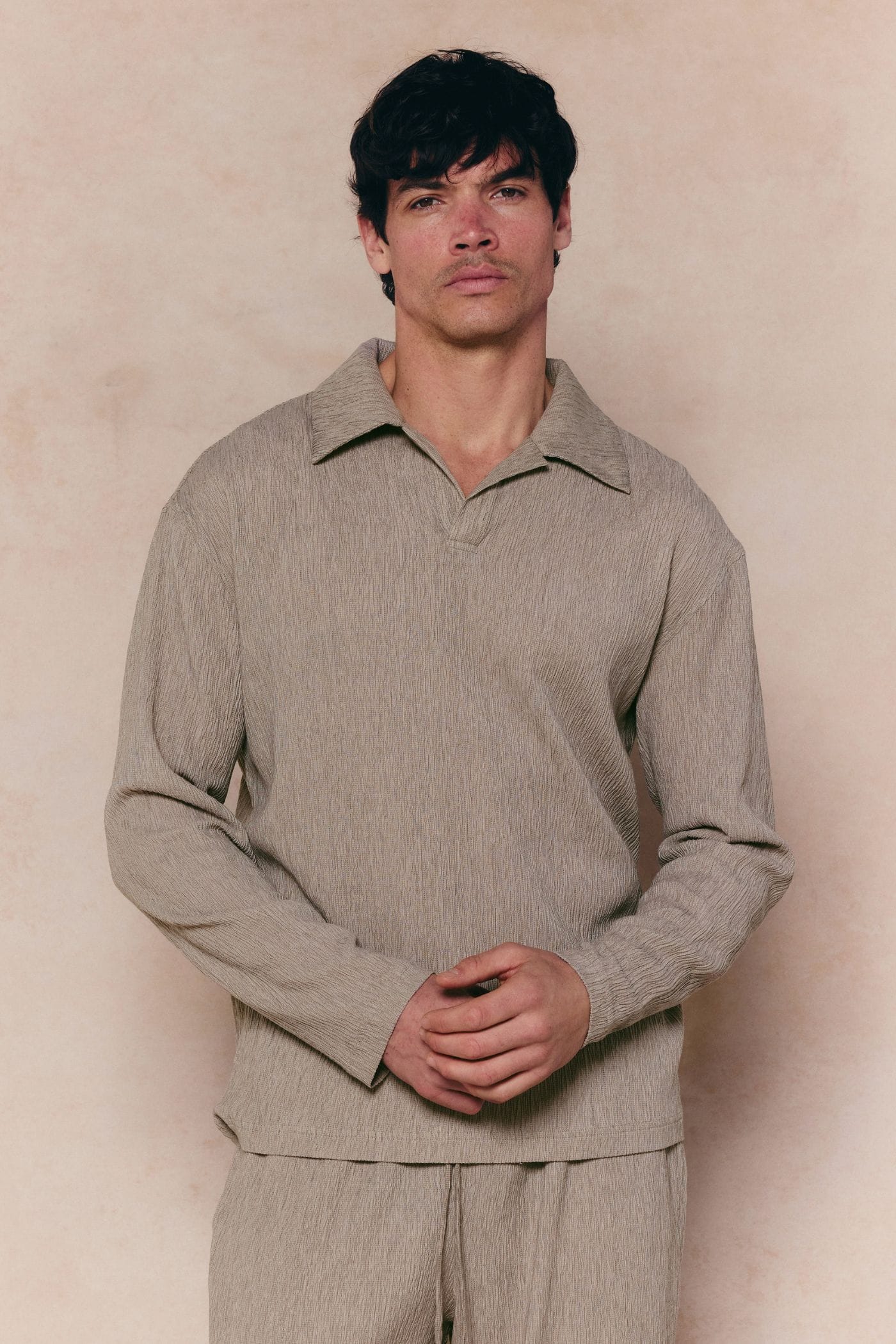 Arty Long Sleeve Open Collar Polo - Mushroom
