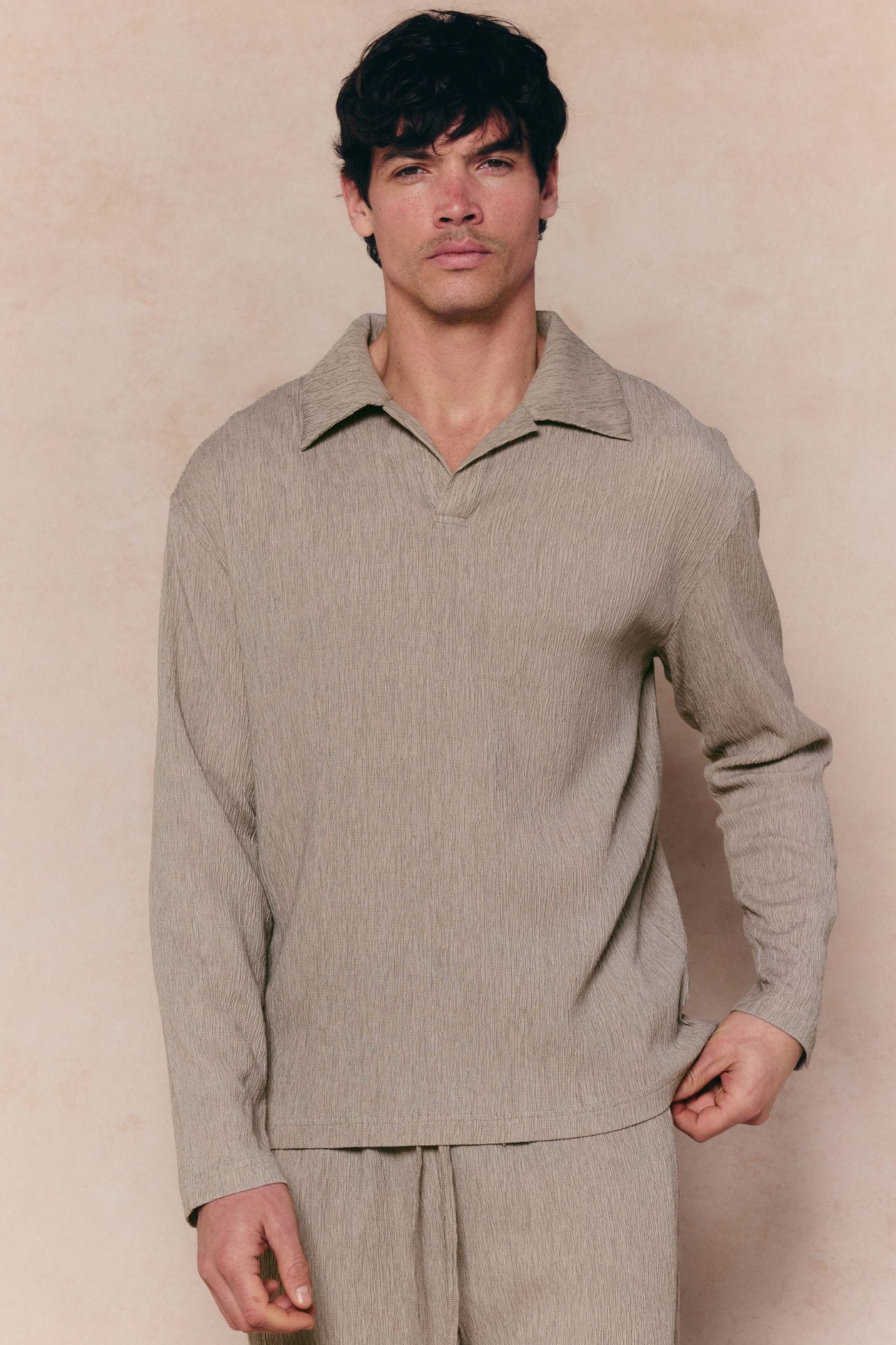 Arty Long Sleeve Open Collar Polo - Mushroom