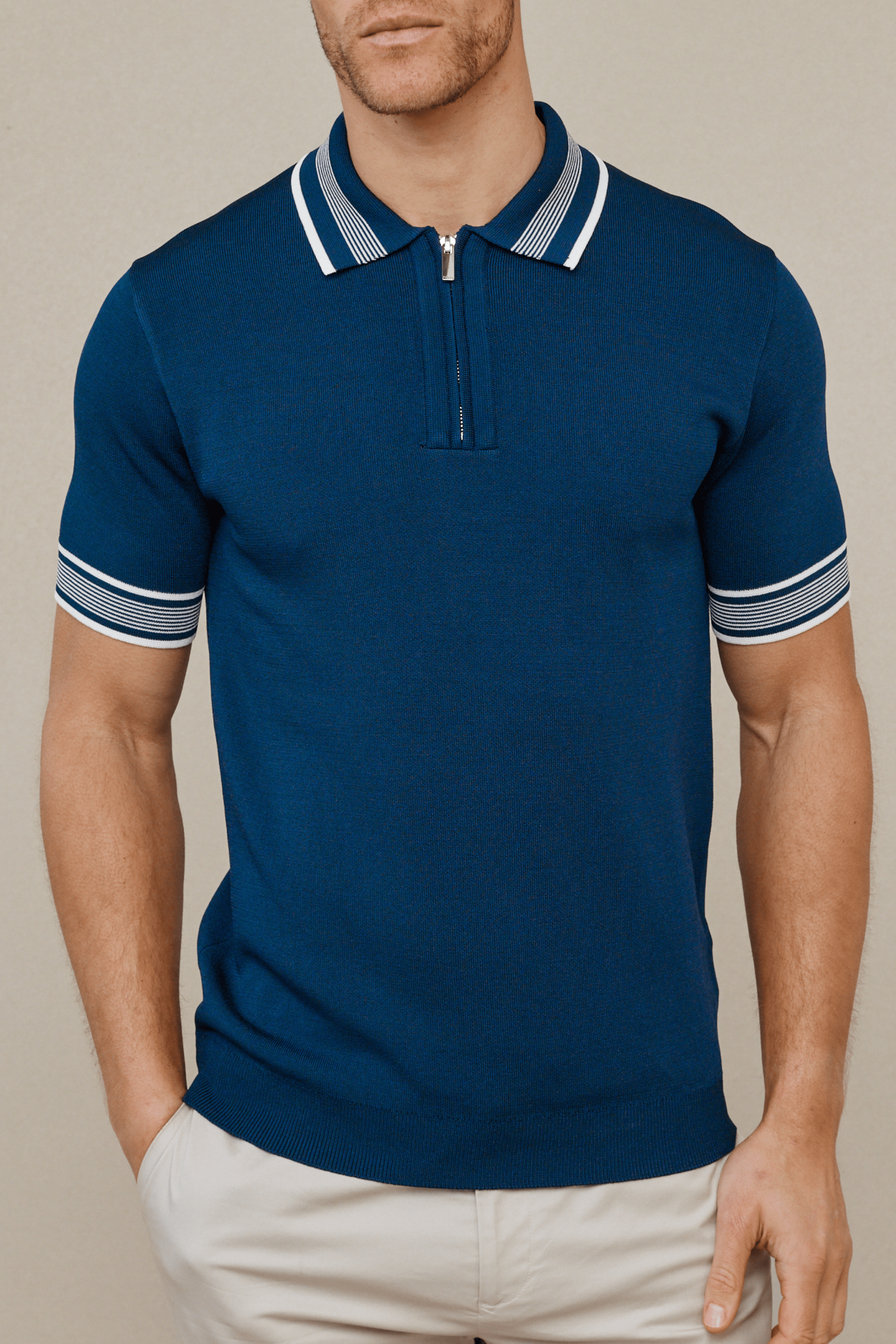 Vida Knitted Stripe Polo - Navy