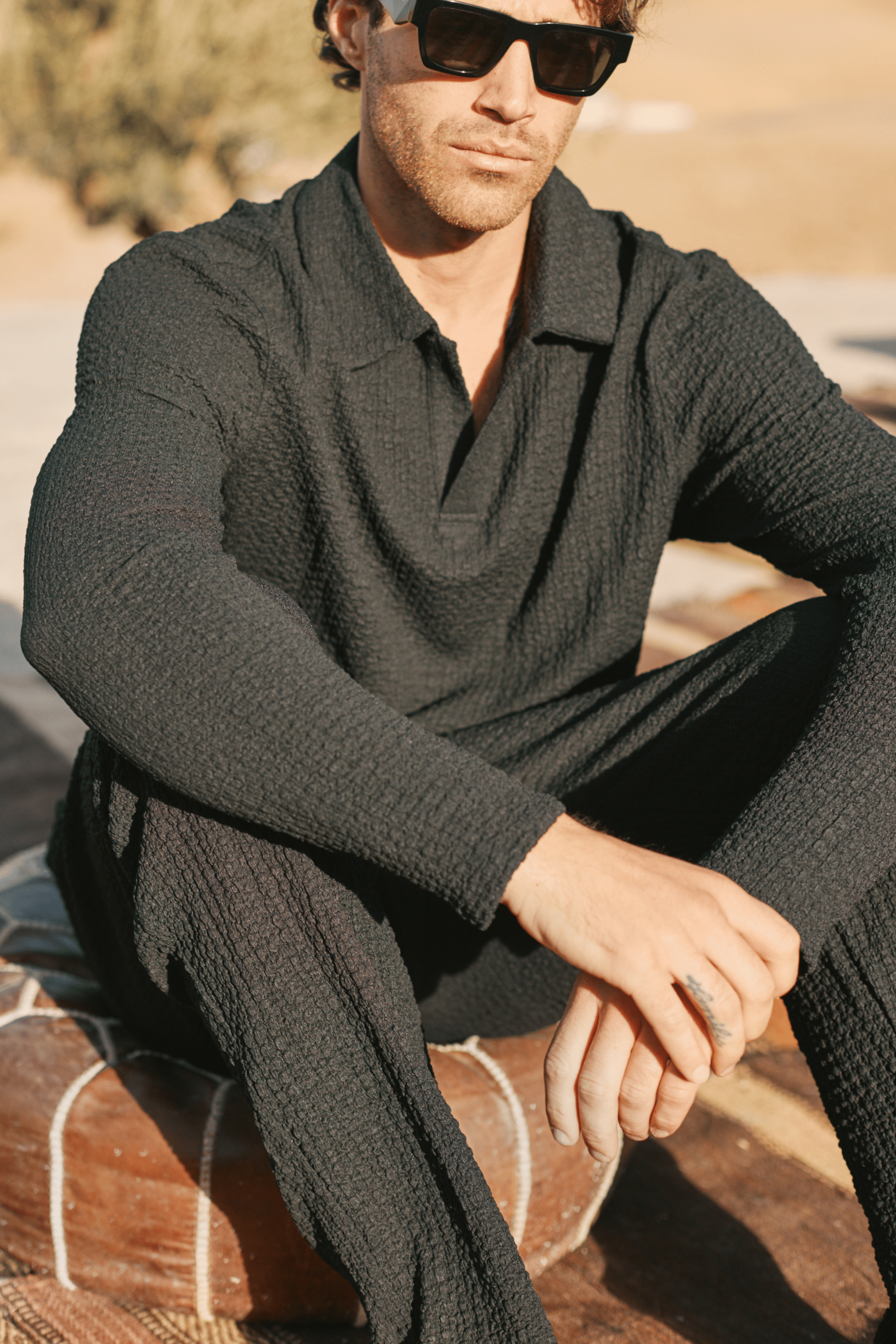 Artie Ruched Textured Long Sleeve Polo Shirt - Black