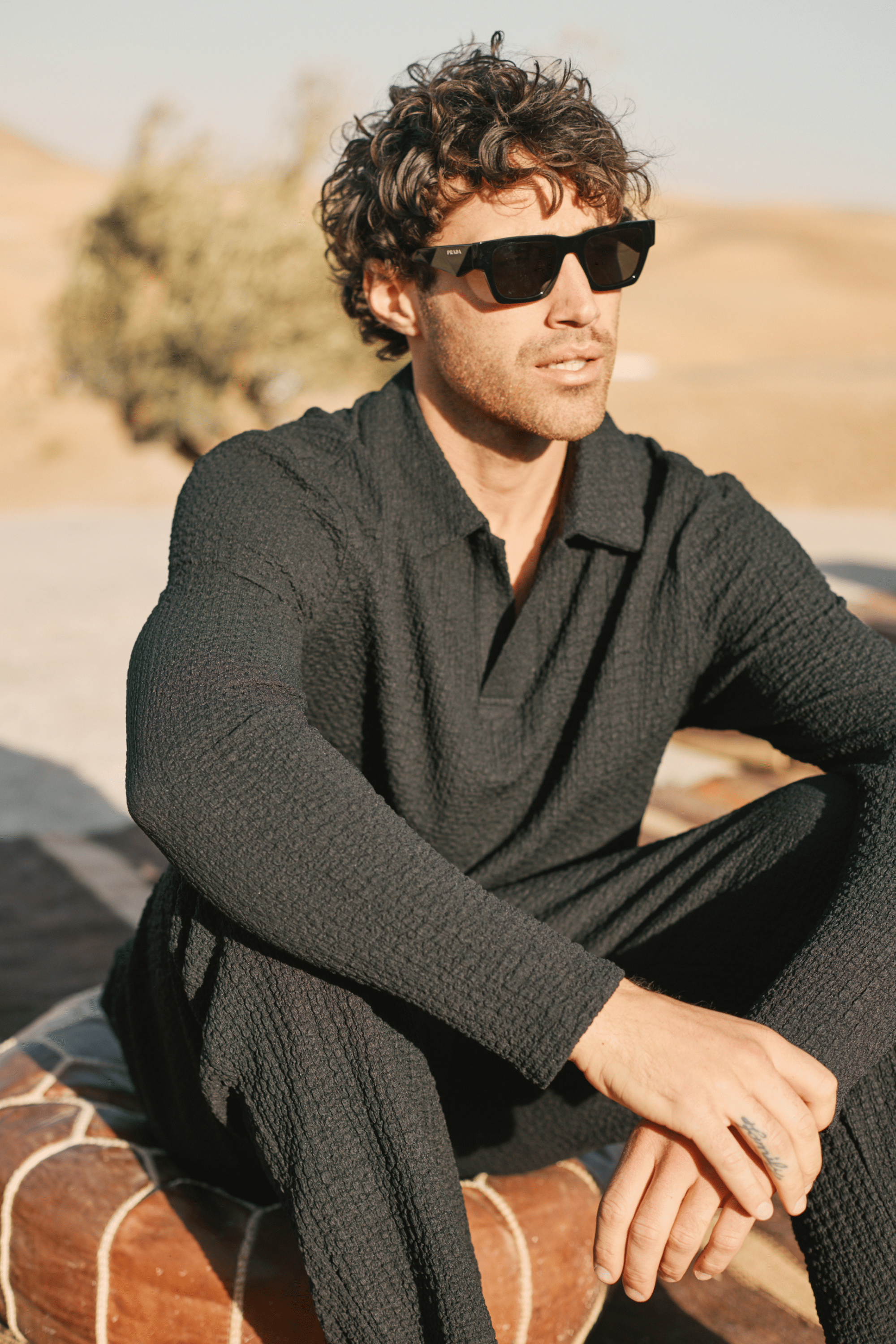 Artie Ruched Textured Long Sleeve Polo Shirt - Black