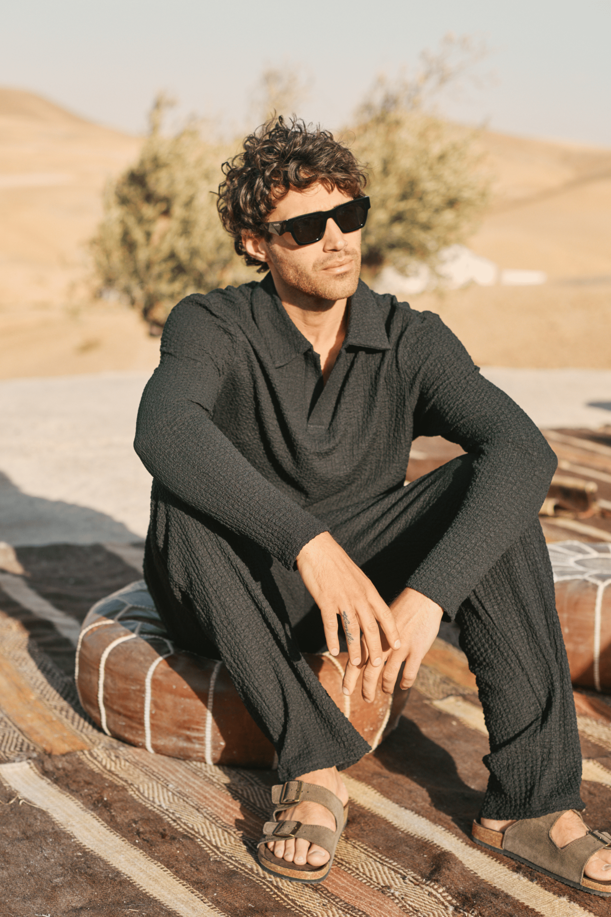 Artie Ruched Textured Long Sleeve Polo Shirt - Black