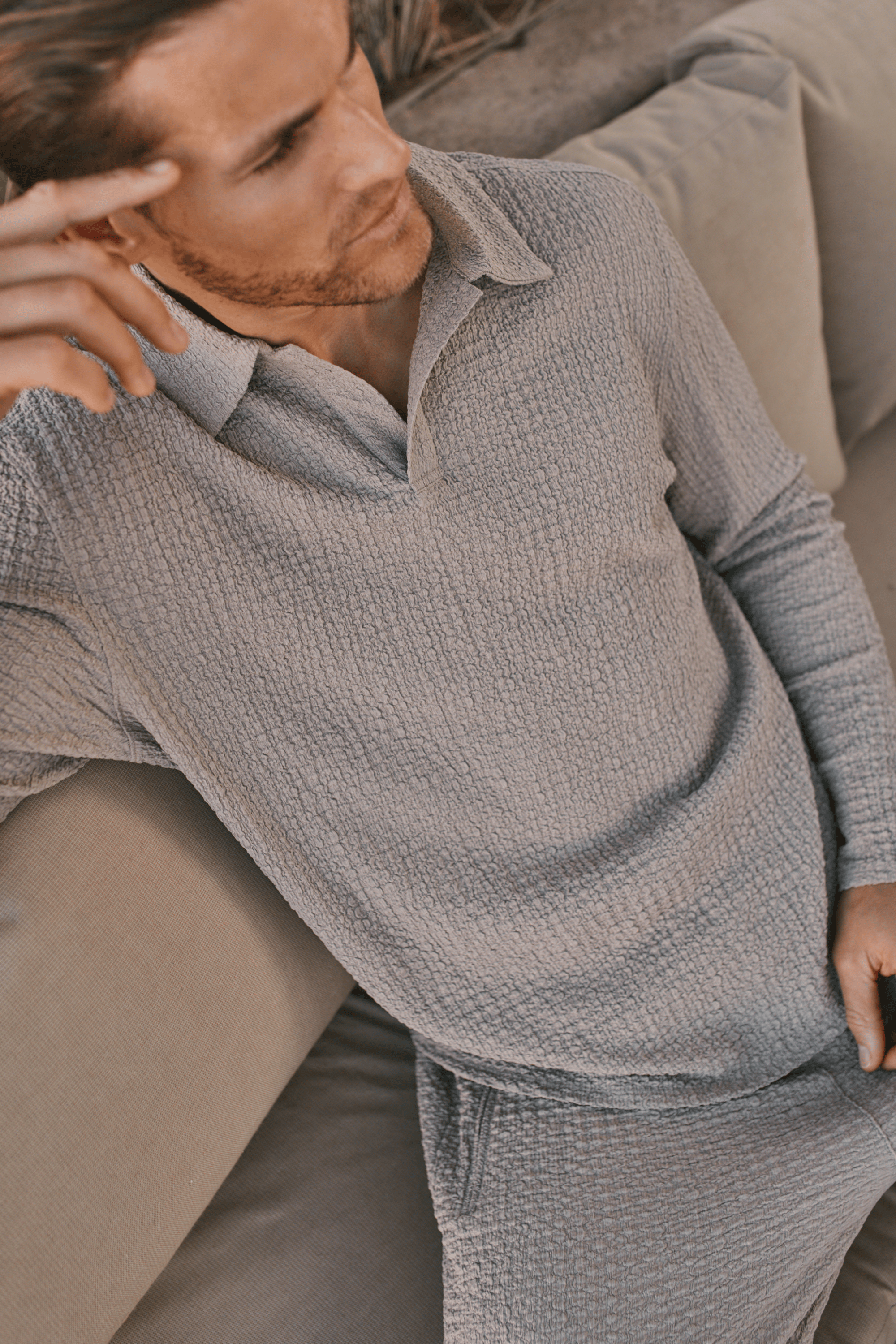 Artie Ruched Textured Long Sleeve Polo Shirt - Mushroom