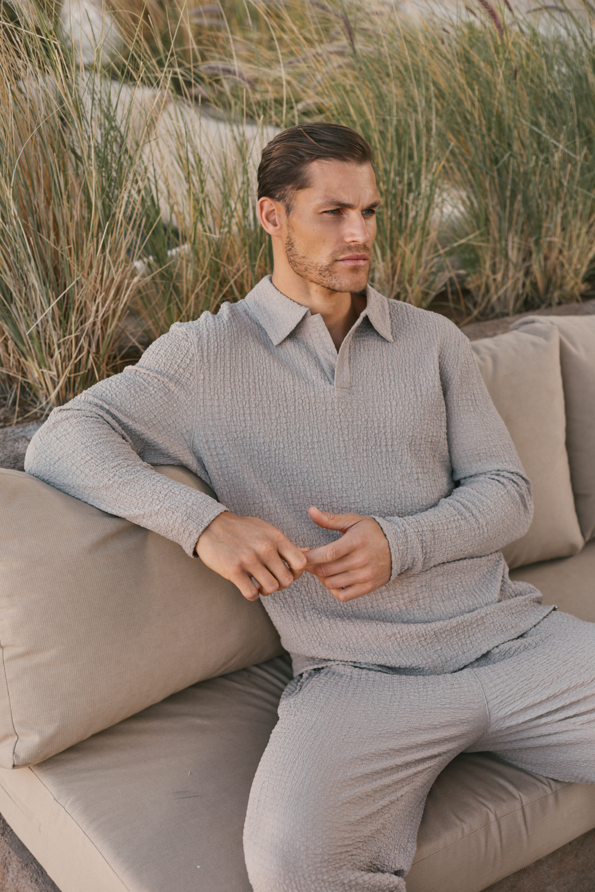 Artie Ruched Textured Long Sleeve Polo Shirt - Mushroom