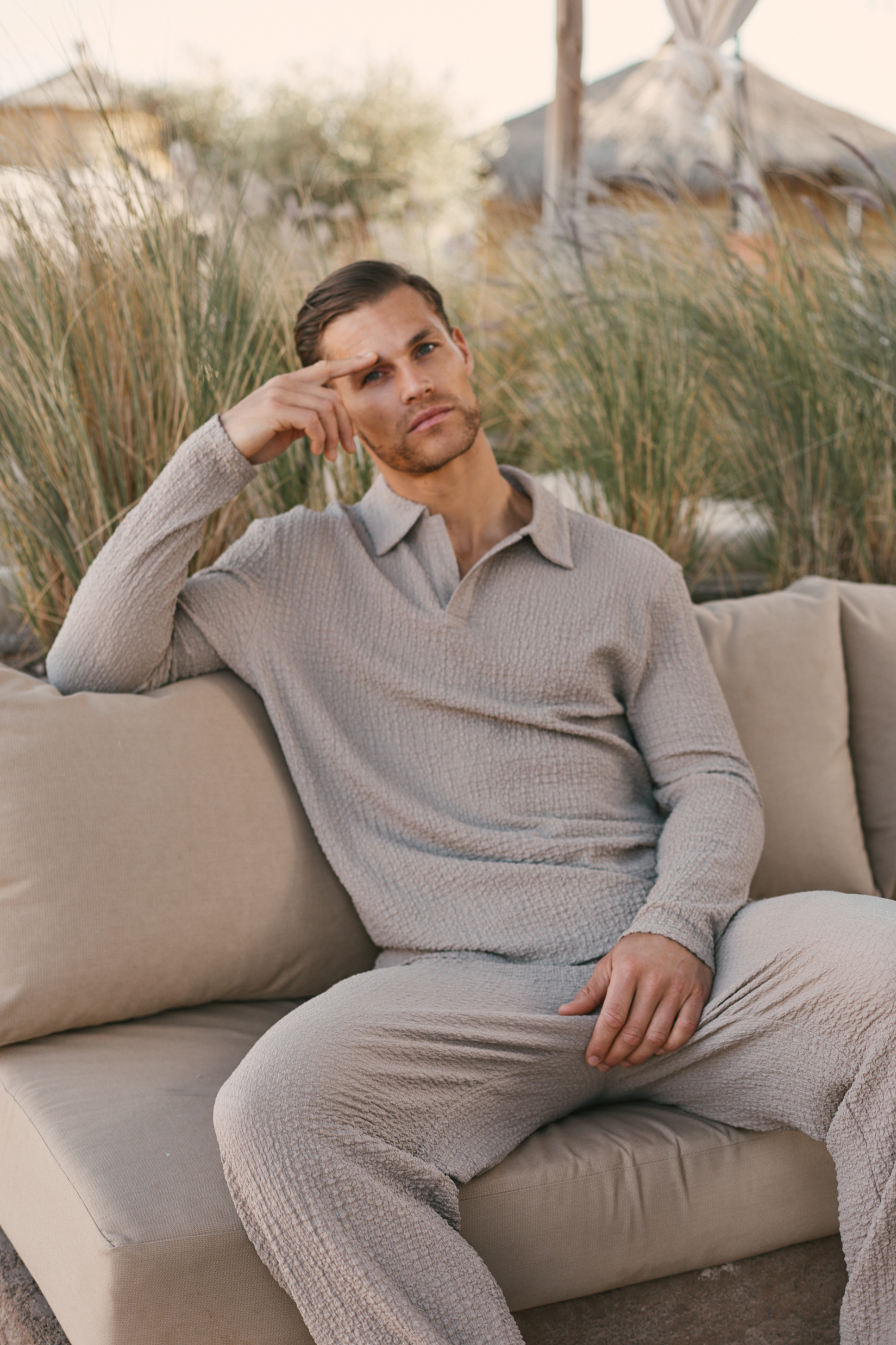 Artie Ruched Textured Long Sleeve Polo Shirt - Mushroom