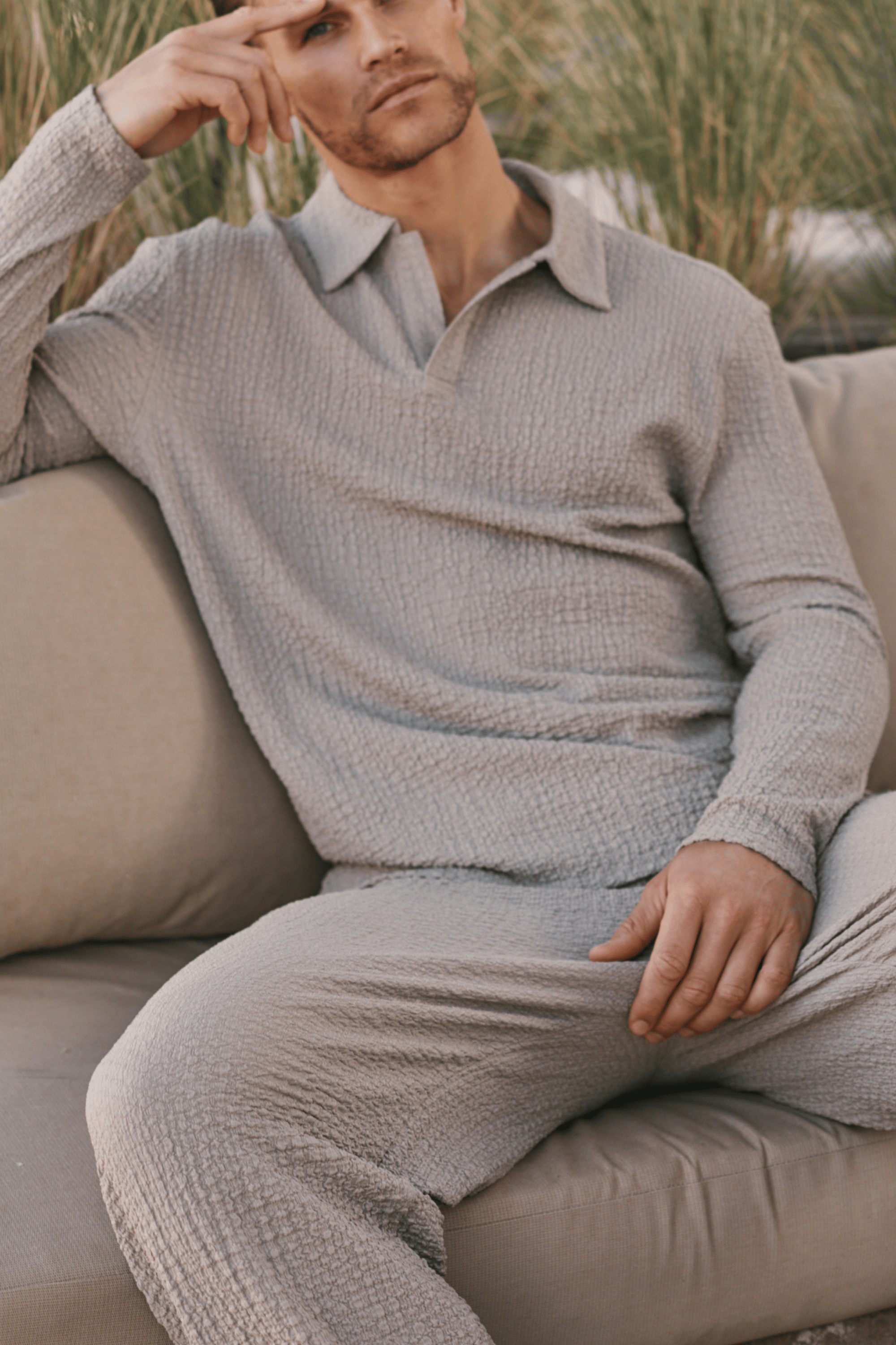 Artie Ruched Textured Long Sleeve Polo Shirt - Mushroom