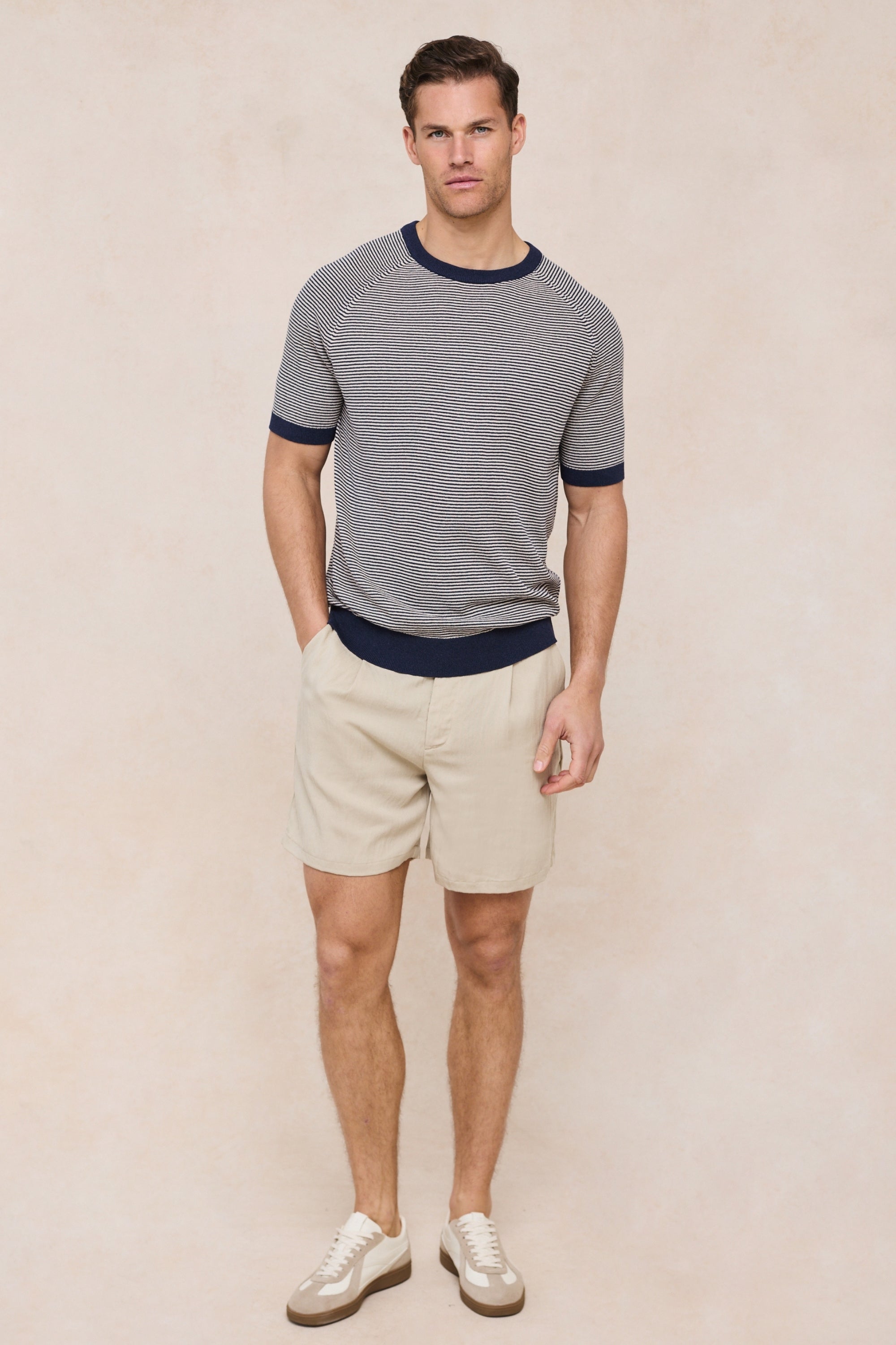 Rafael Linen Striped Crew Neck T-Shirt - Navy/Beige