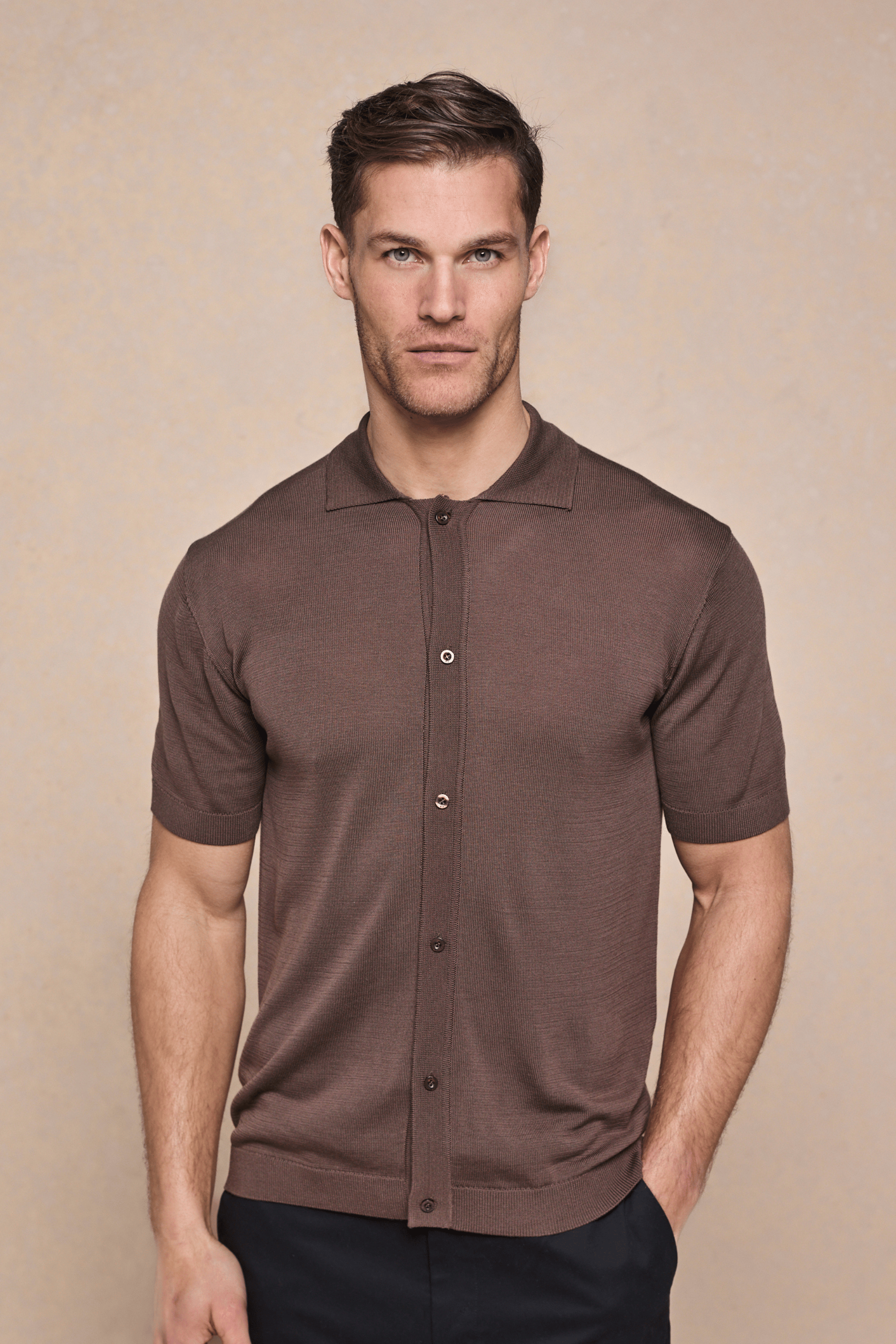 Pedro Button Through Short Sleeve Knitted Shirt - Brown