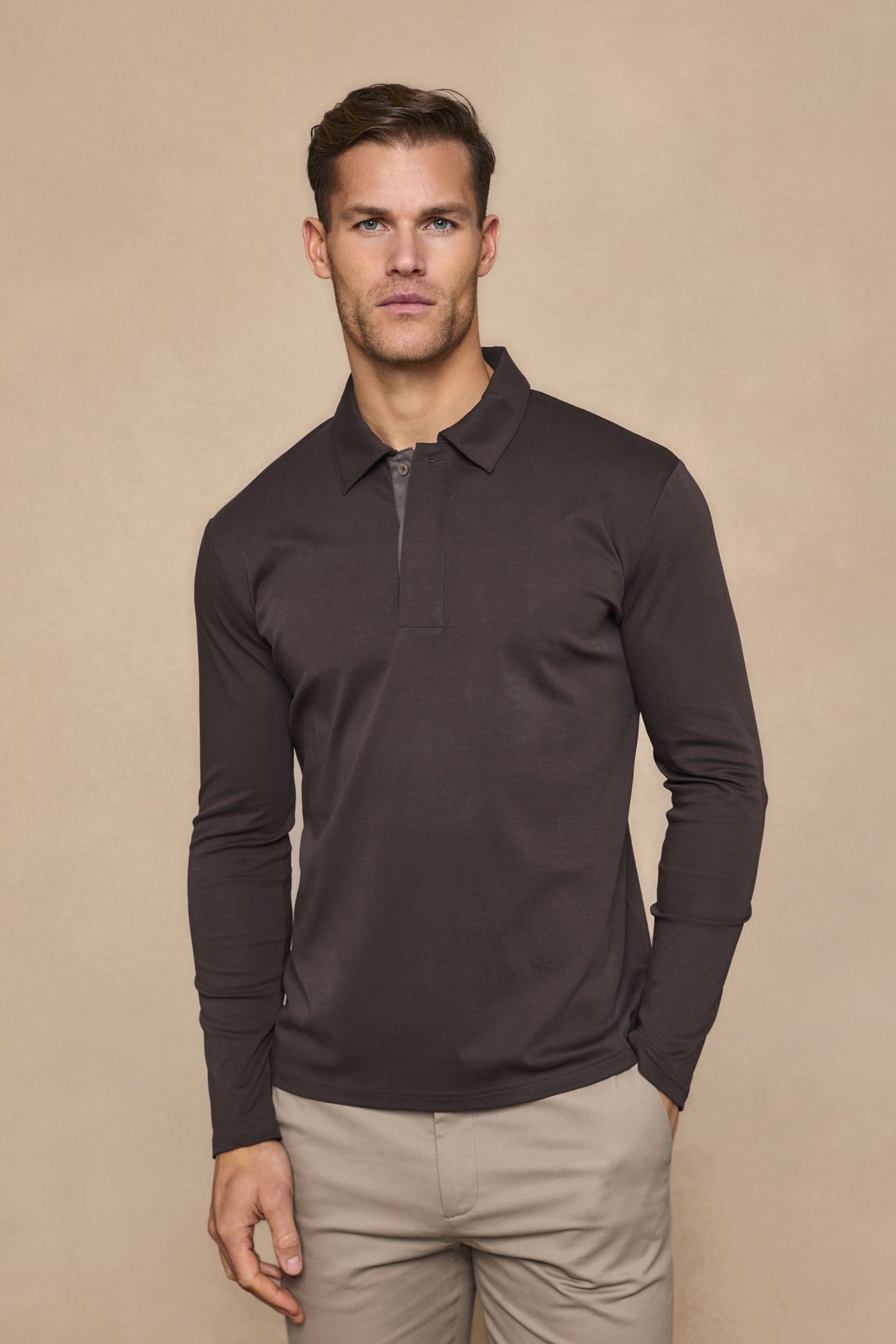 Santi Long Sleeve Mercerised Polo Shirt - Brown