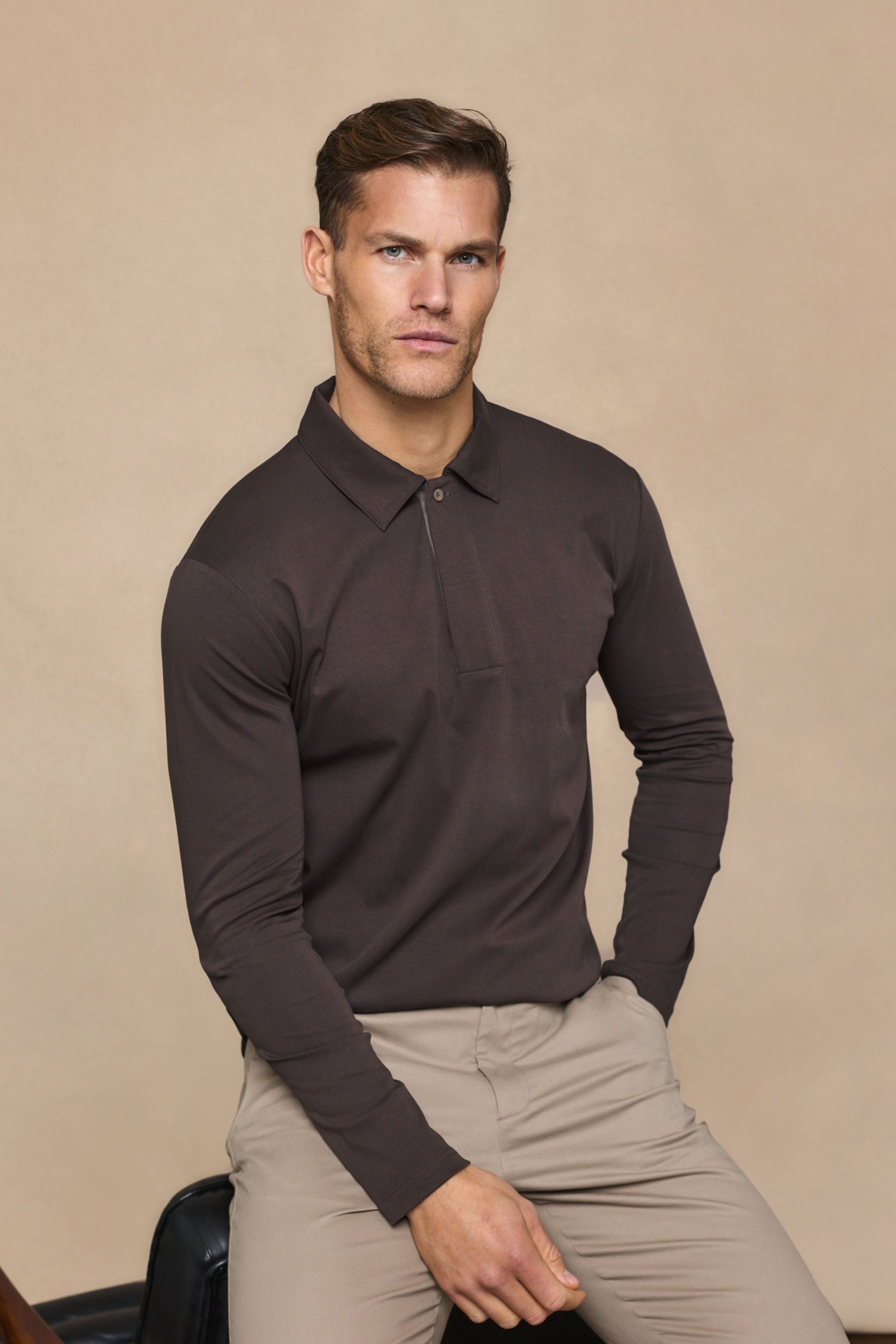 Santi Long Sleeve Mercerised Polo Shirt - Brown