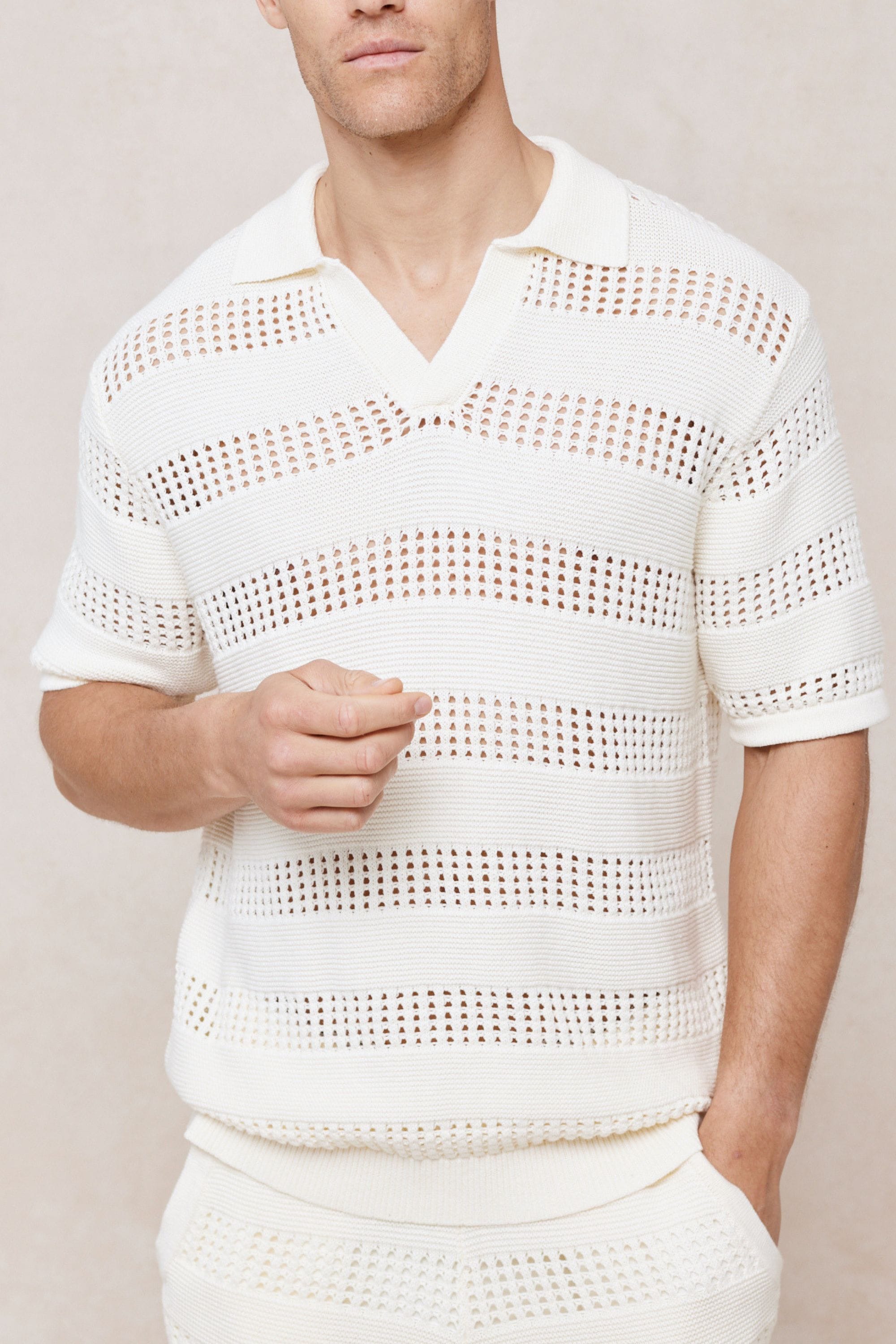 Frattina Crochet Cotton Knit Polo - Ecru