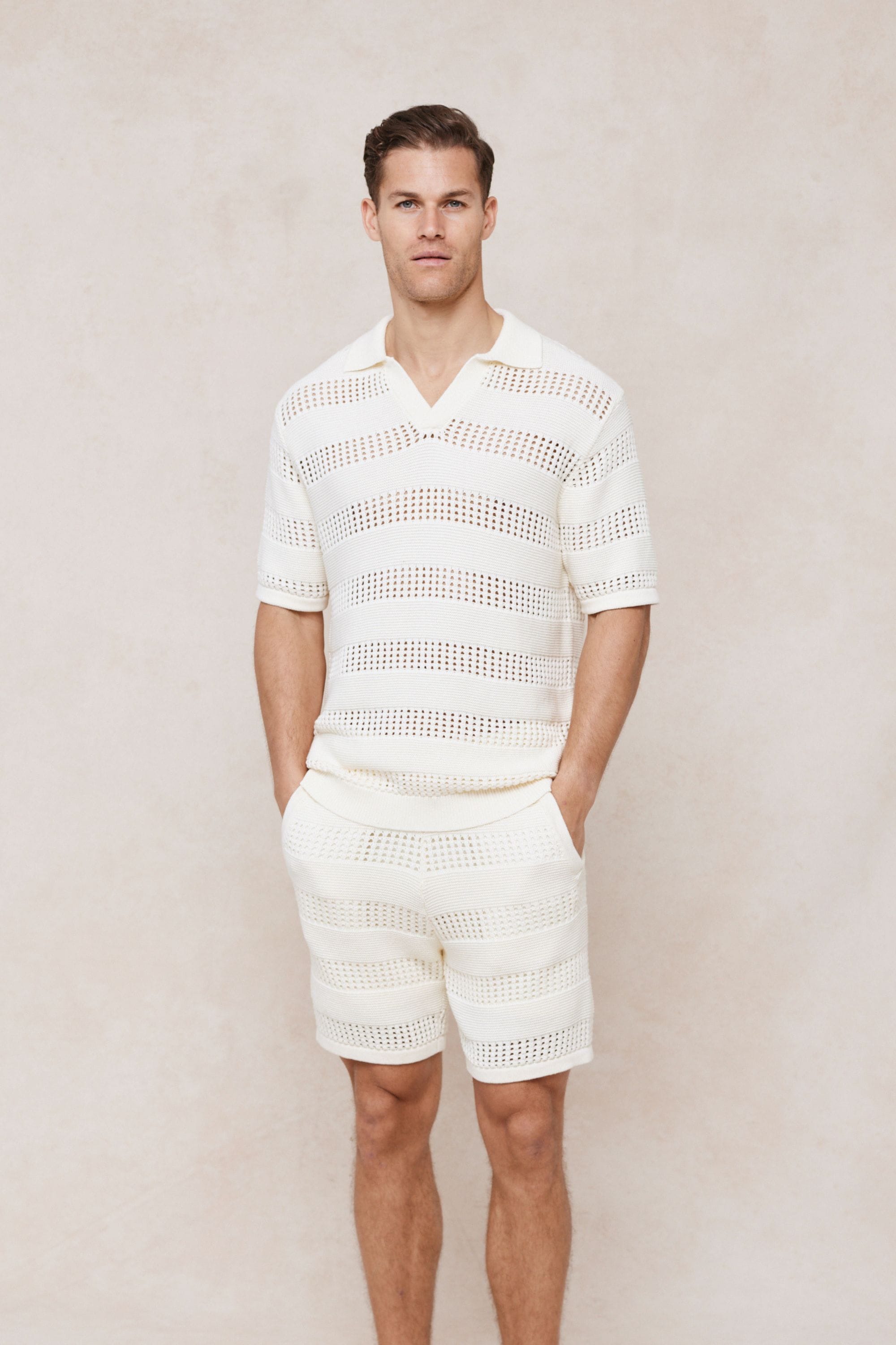 Frattina Crochet Cotton Knit Polo - Ecru