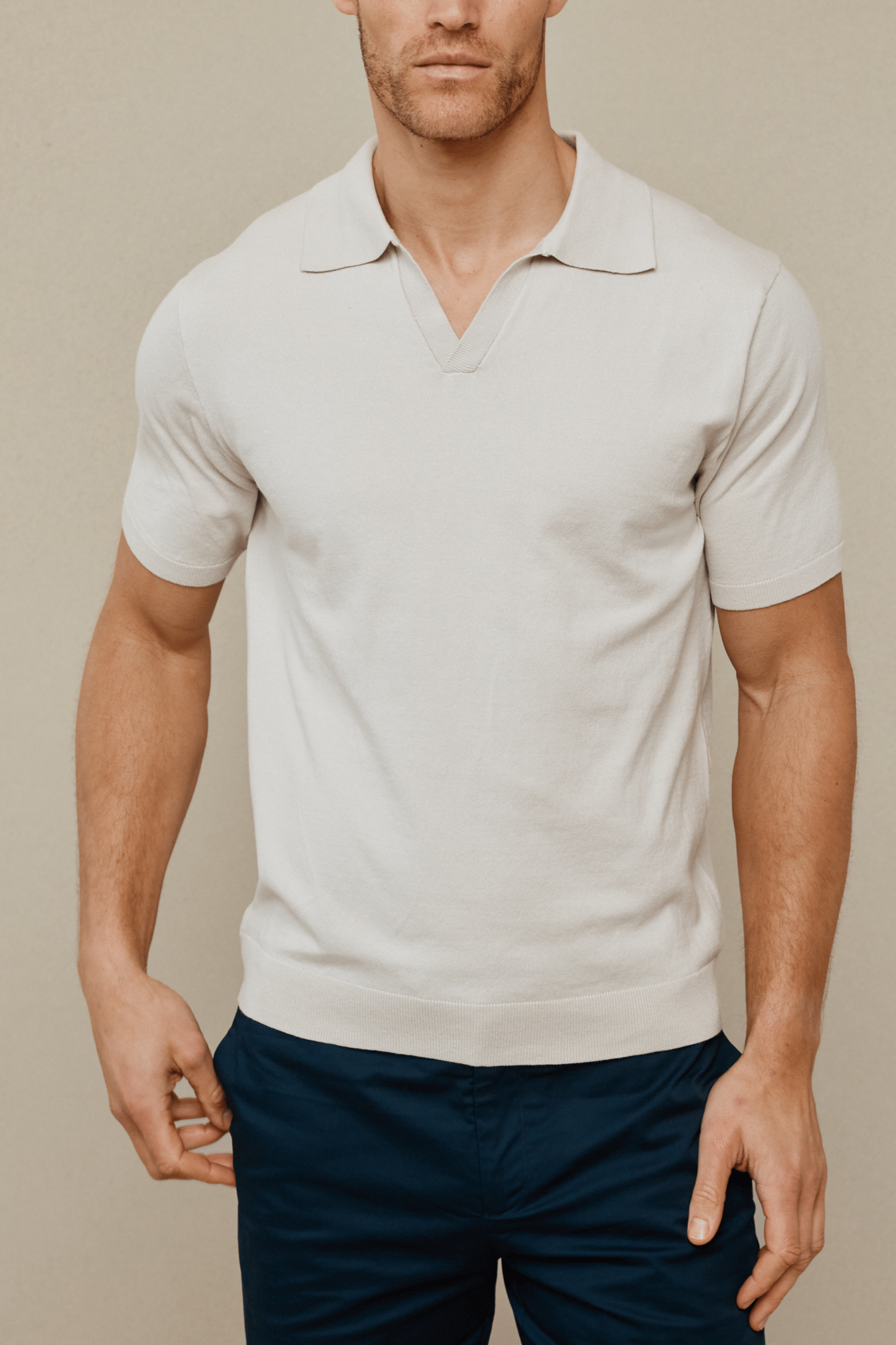 Privia Knitted Open Neck Polo - Oatmeal