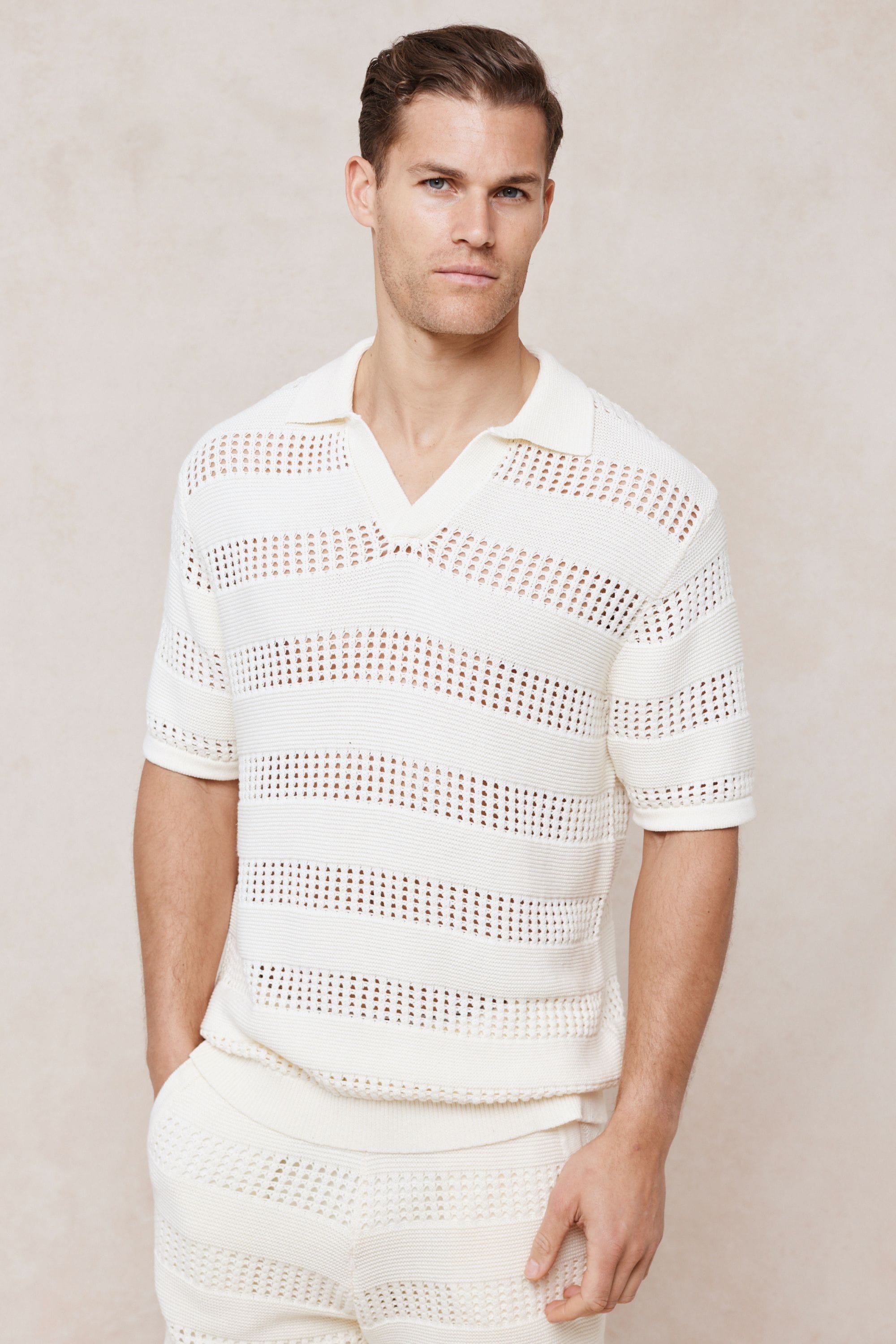 Frattina Crochet Cotton Knit Polo - Ecru