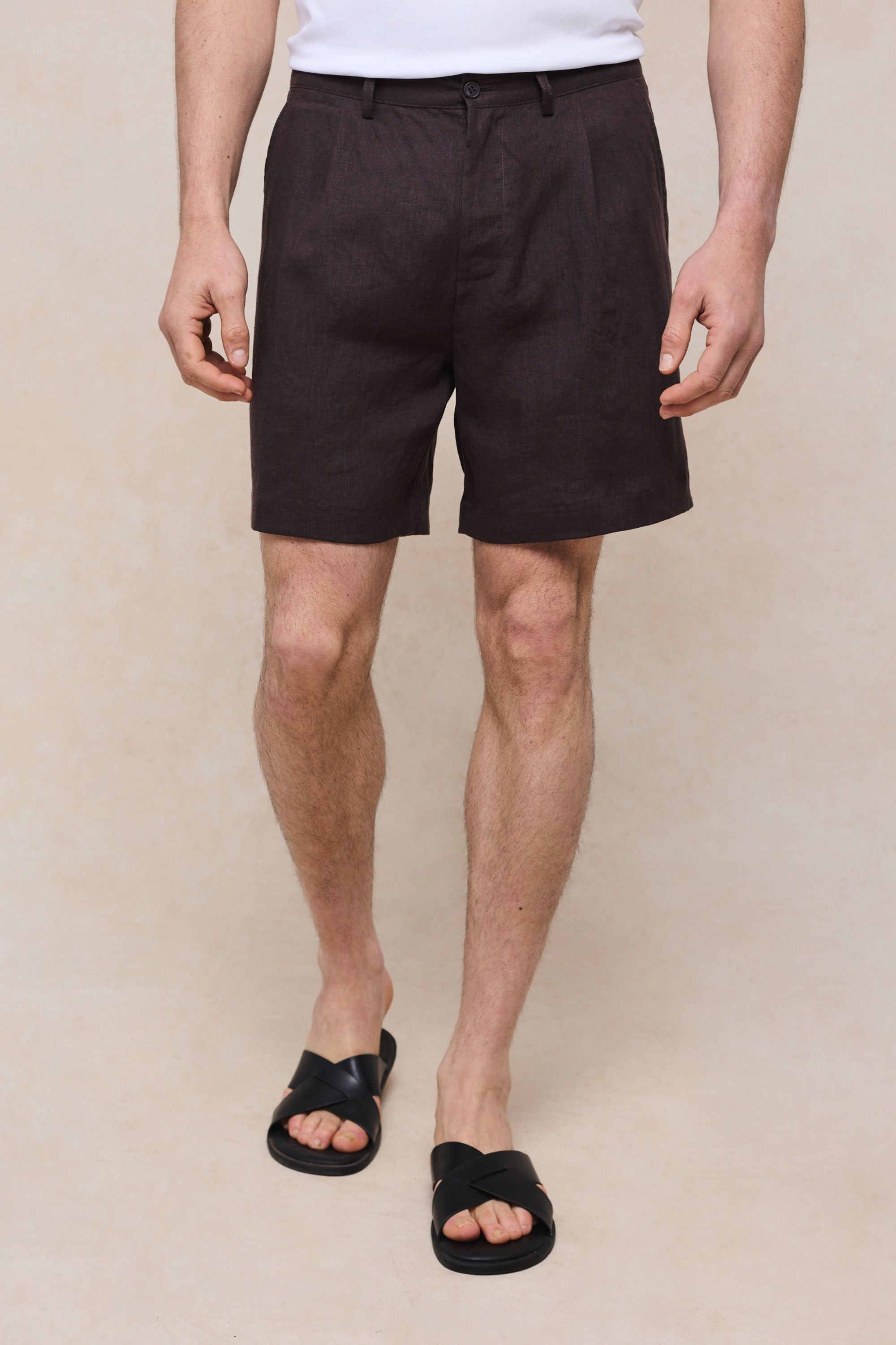 Javier Pleated Waistband Linen Short - Brown