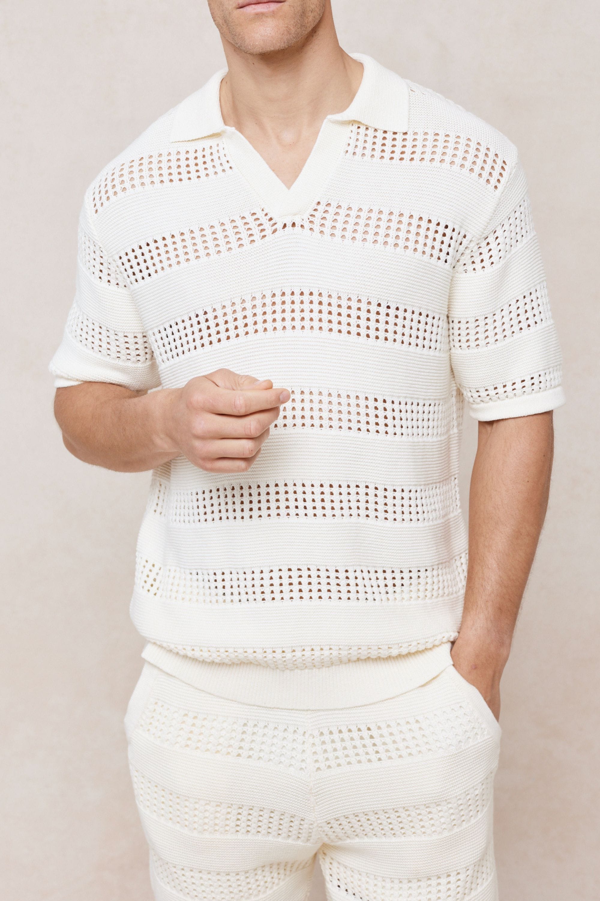 Frattina Crochet Cotton Knit Polo - Ecru