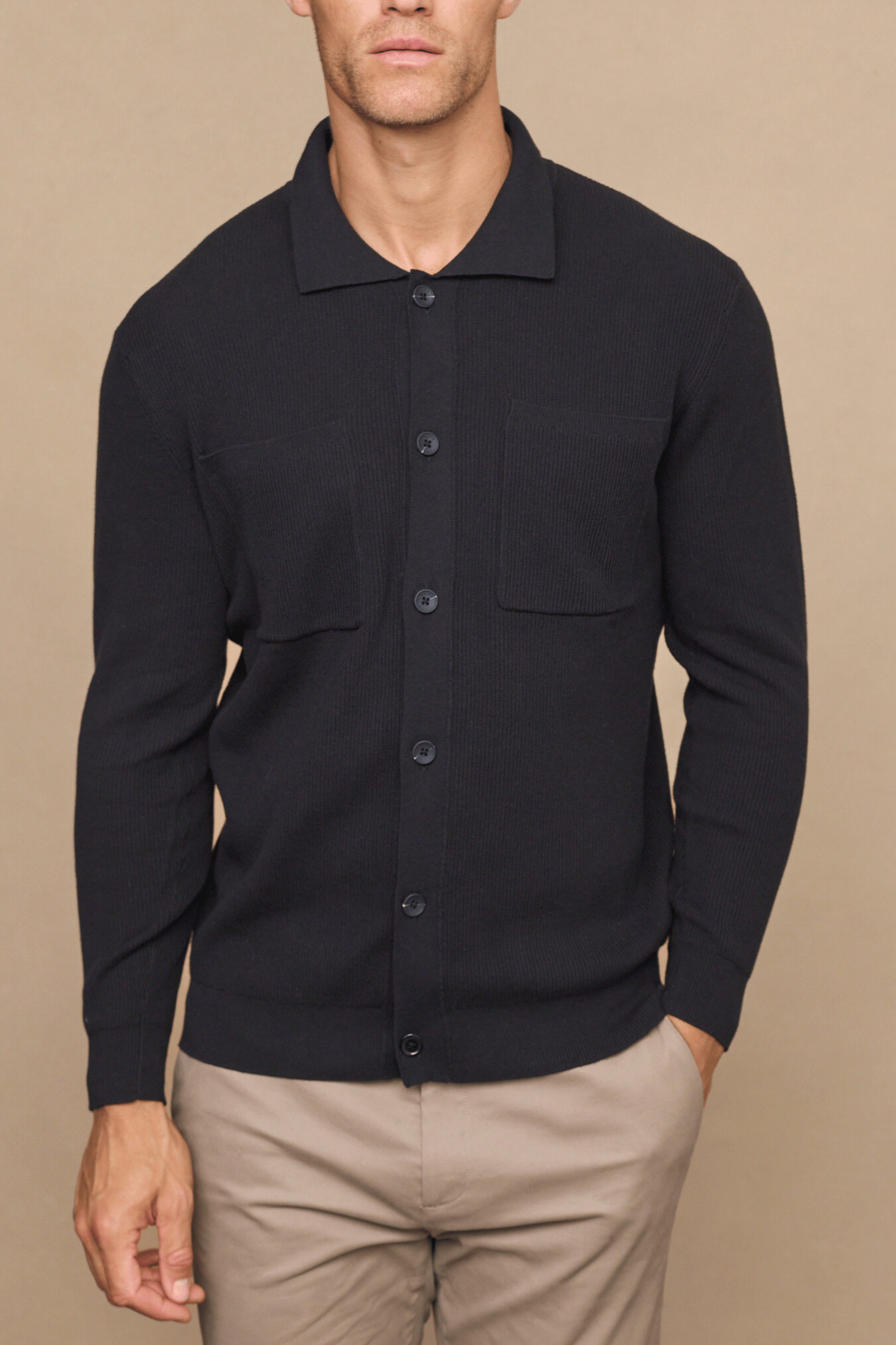Elias Rib Top Pocket Cardigan - Black