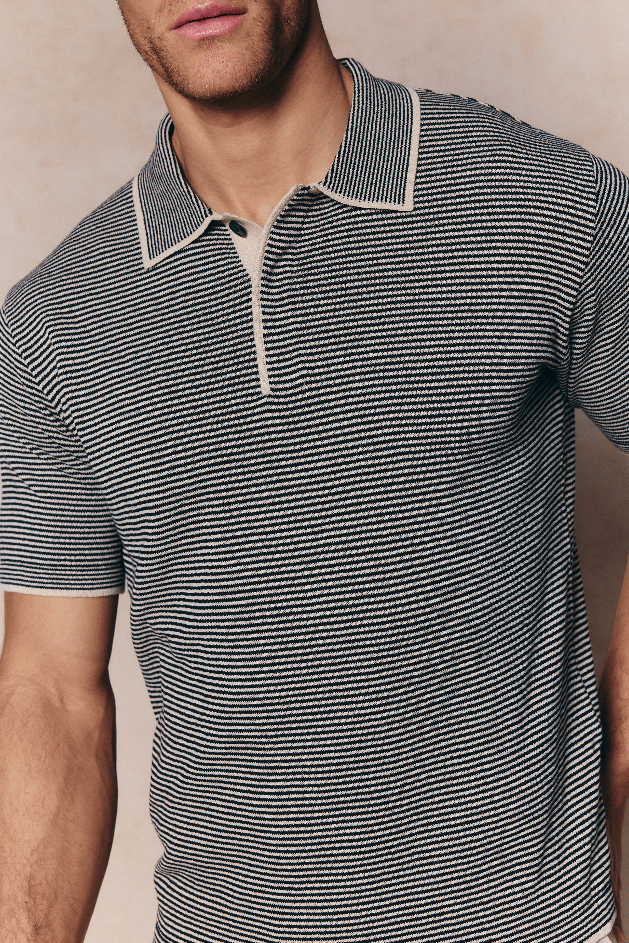 Felipe Contrast Hems Striped Linen Half Placket Polo - Beige/Black