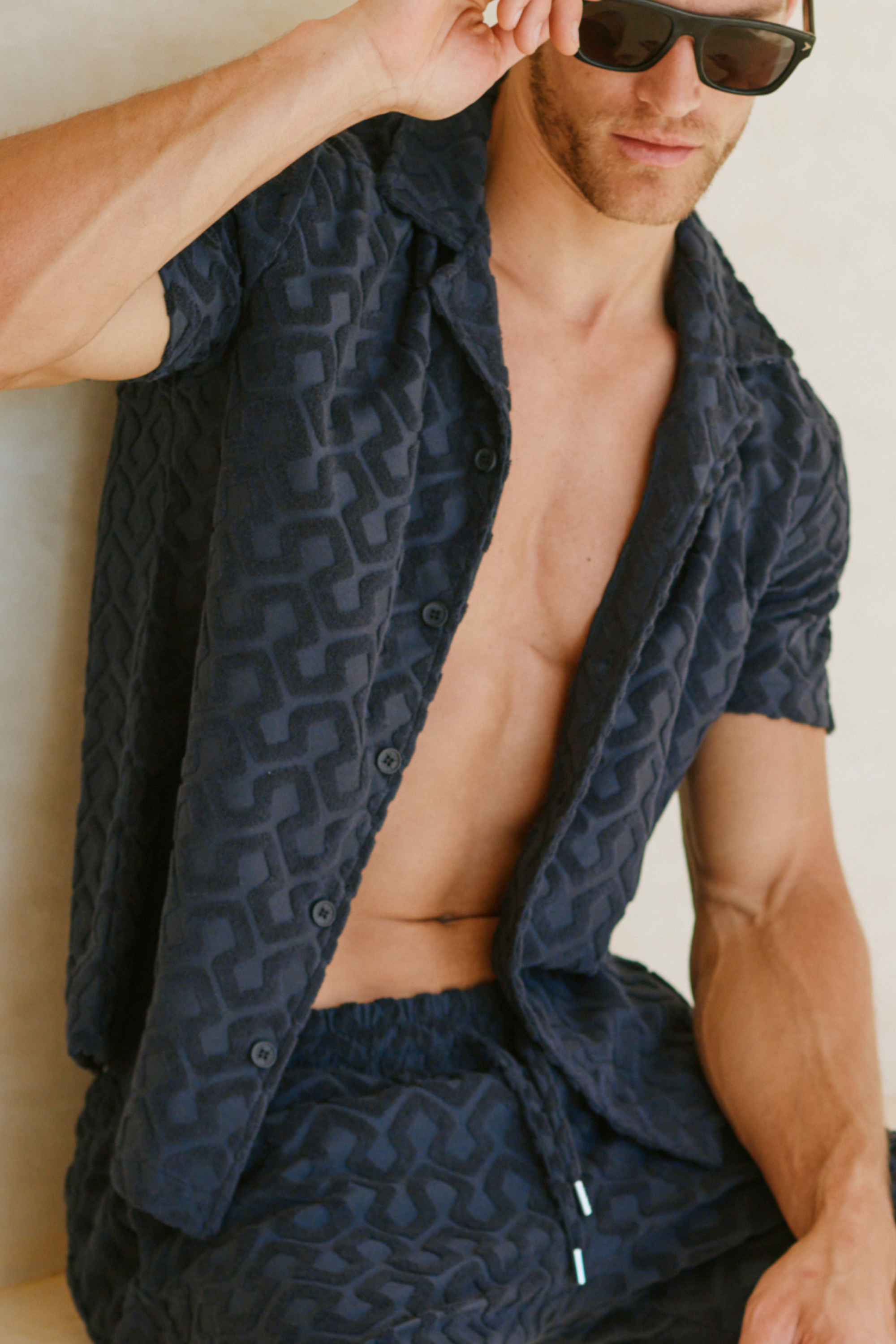Fontana Flocked Towelled Shirt - Navy