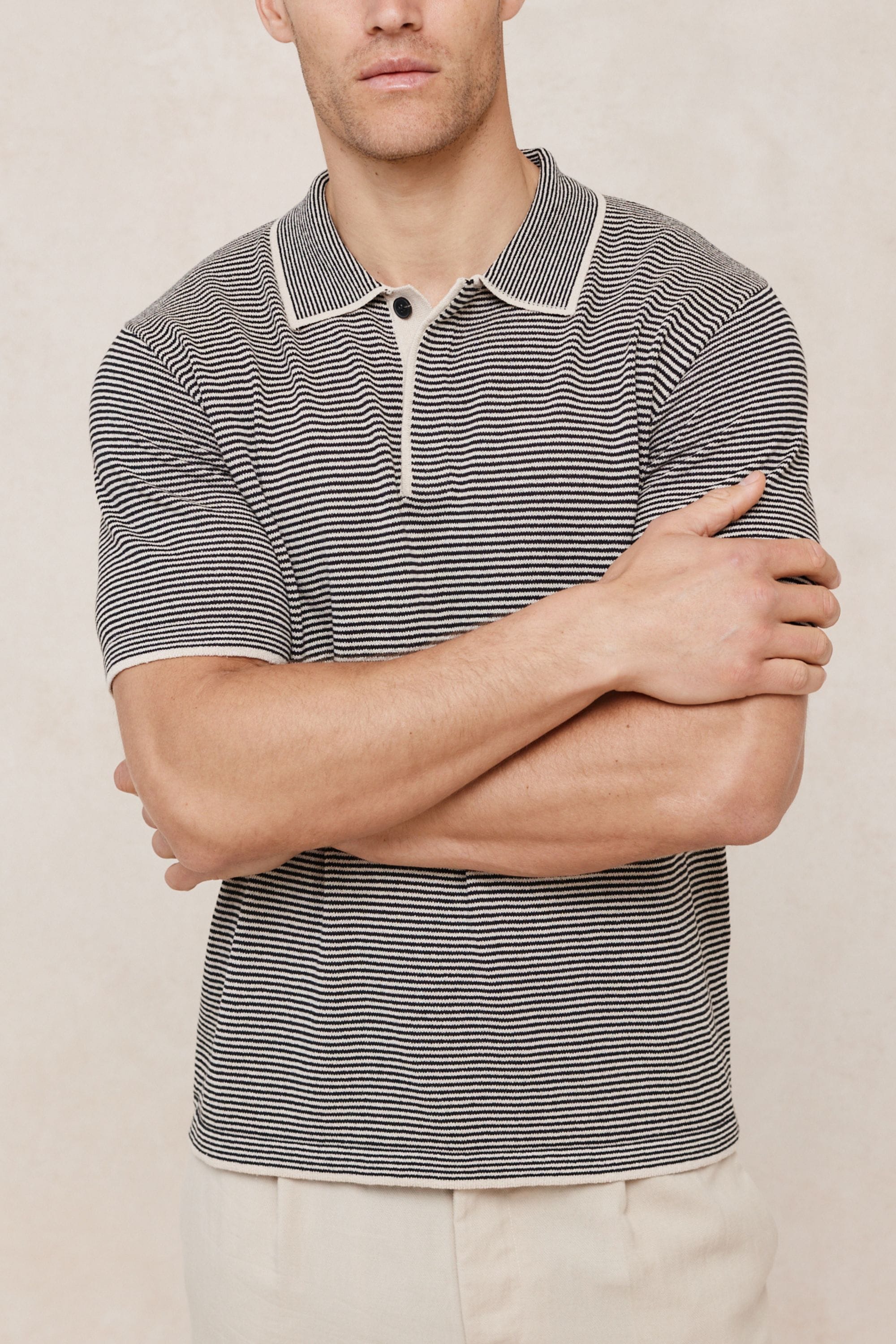 Felipe Contrast Hems Striped Linen Half Placket Polo - Beige/Black