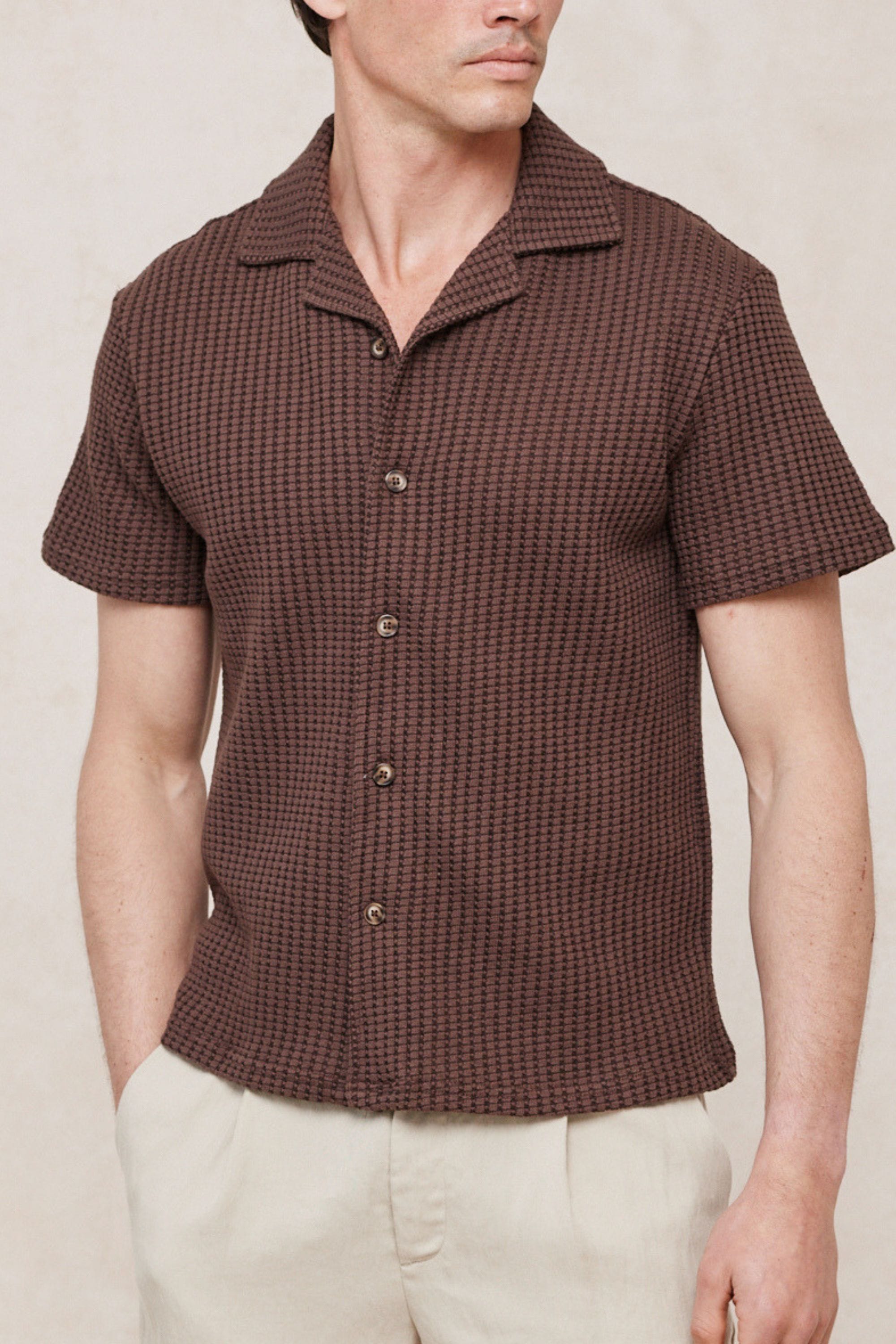 Marcos Patterned Waffle Short Sleeve Shirt - Brown