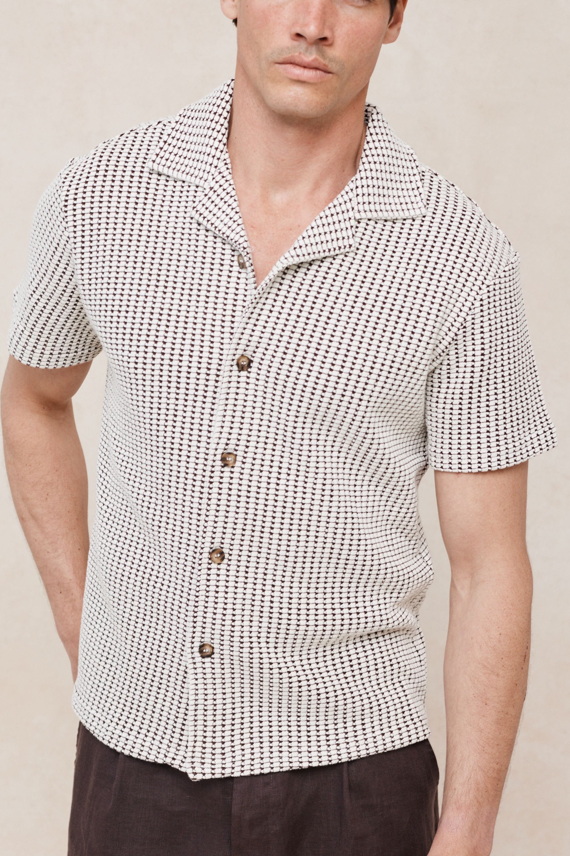 Marcos Patterned Waffle Short Sleeve Shirt - White/Brown