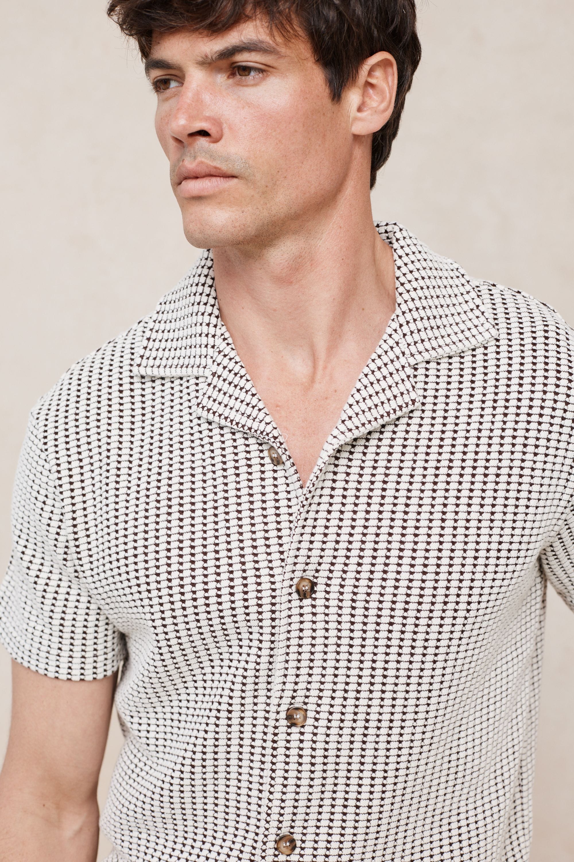 Marcos Patterned Waffle Short Sleeve Shirt - White/Brown