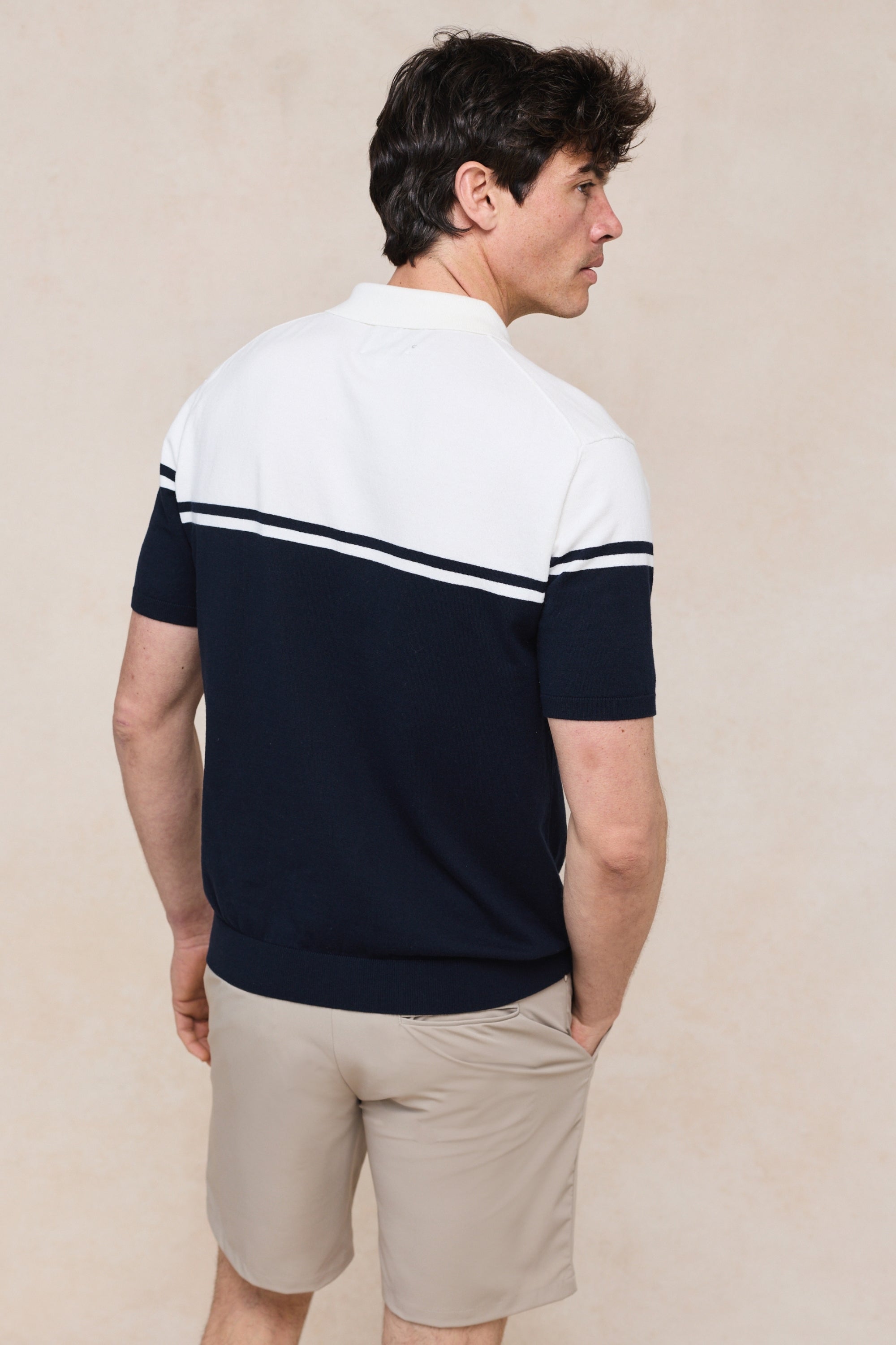 Vicolo Knitted Striped Block Polo SS - Ecru/Navy