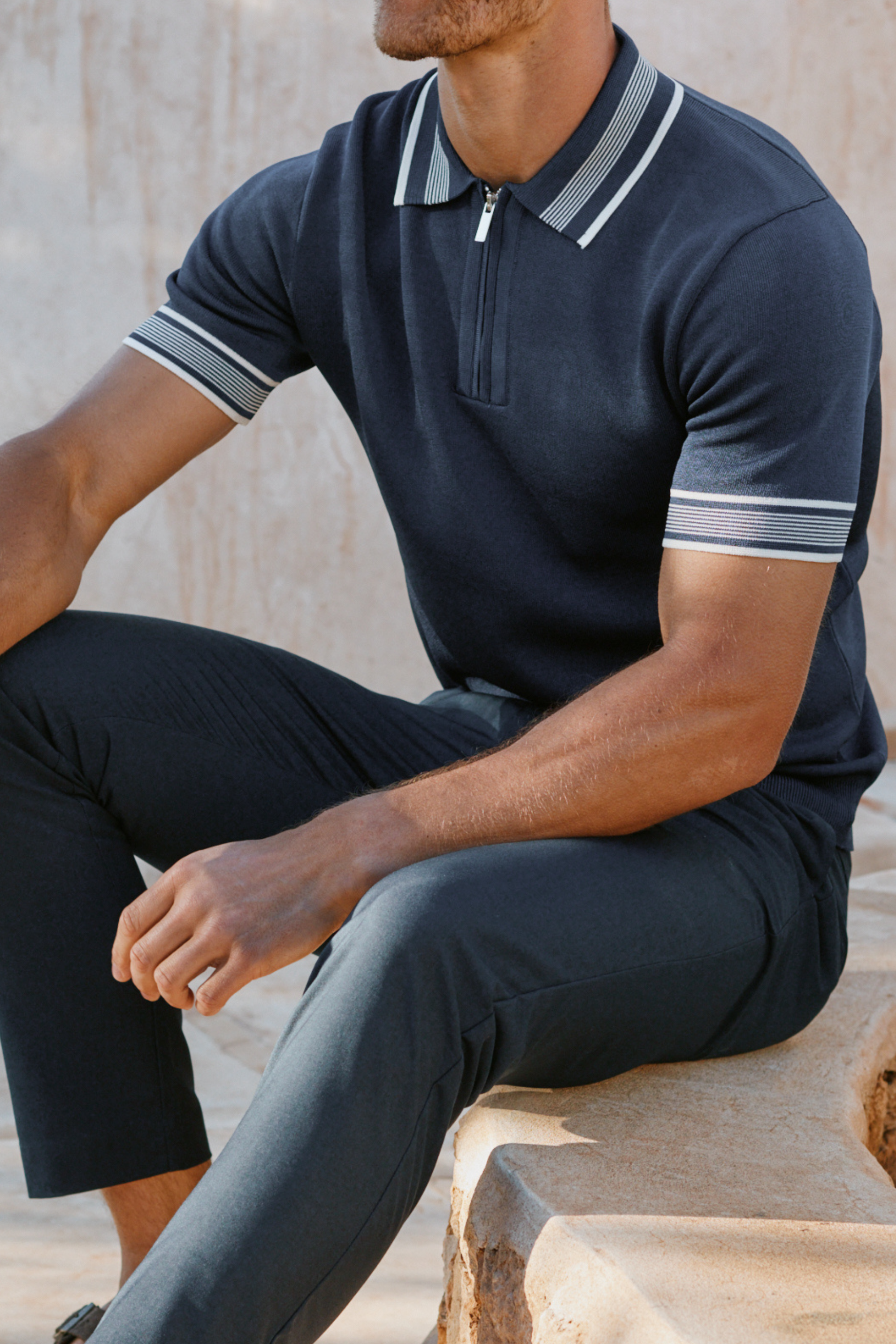 Vida Knitted Stripe Polo - Navy