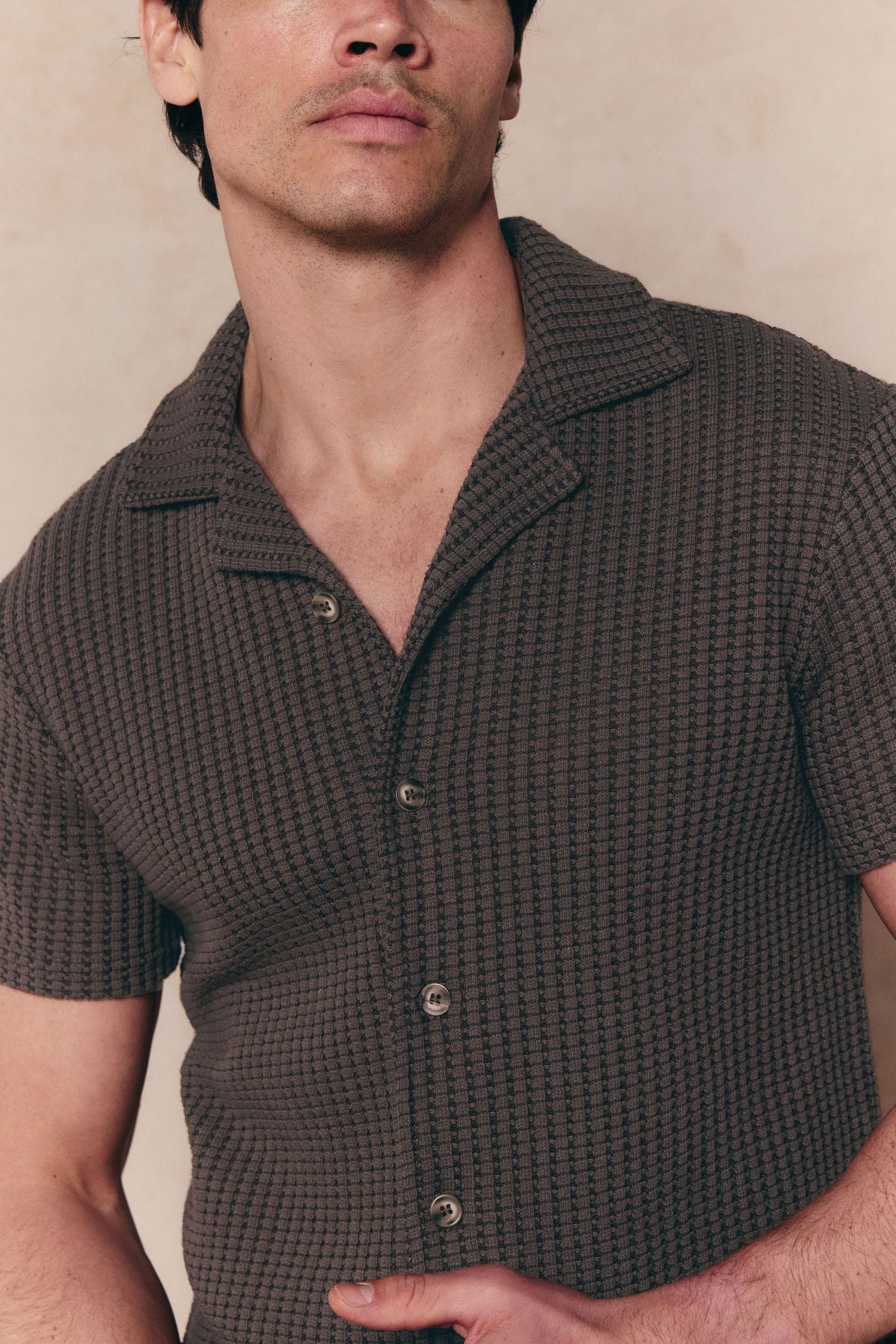 Marcos Patterned Waffle Short Sleeve Shirt - Brown