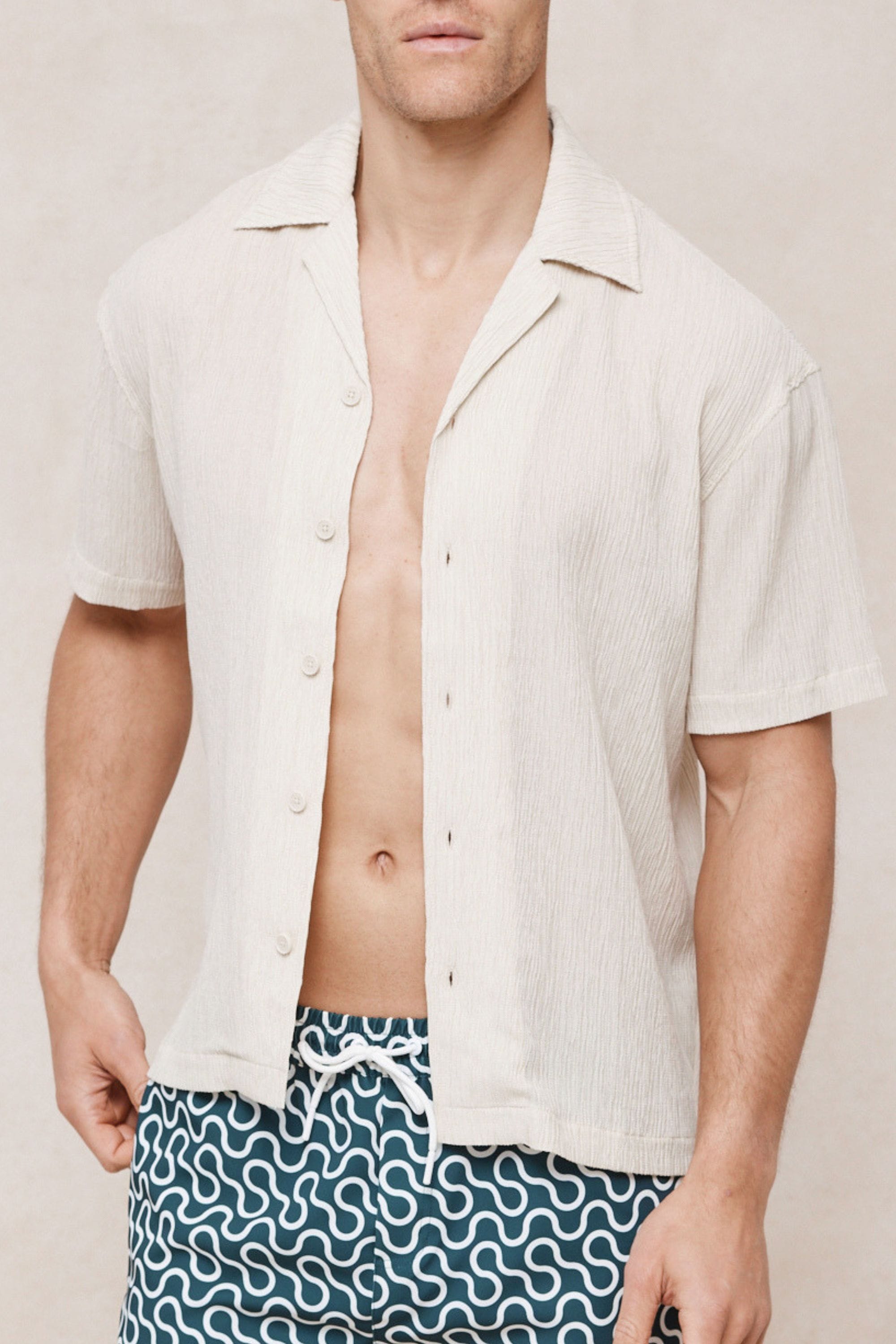 Gabriel Crinkled Tencel Short Sleeve Shirt - Beige