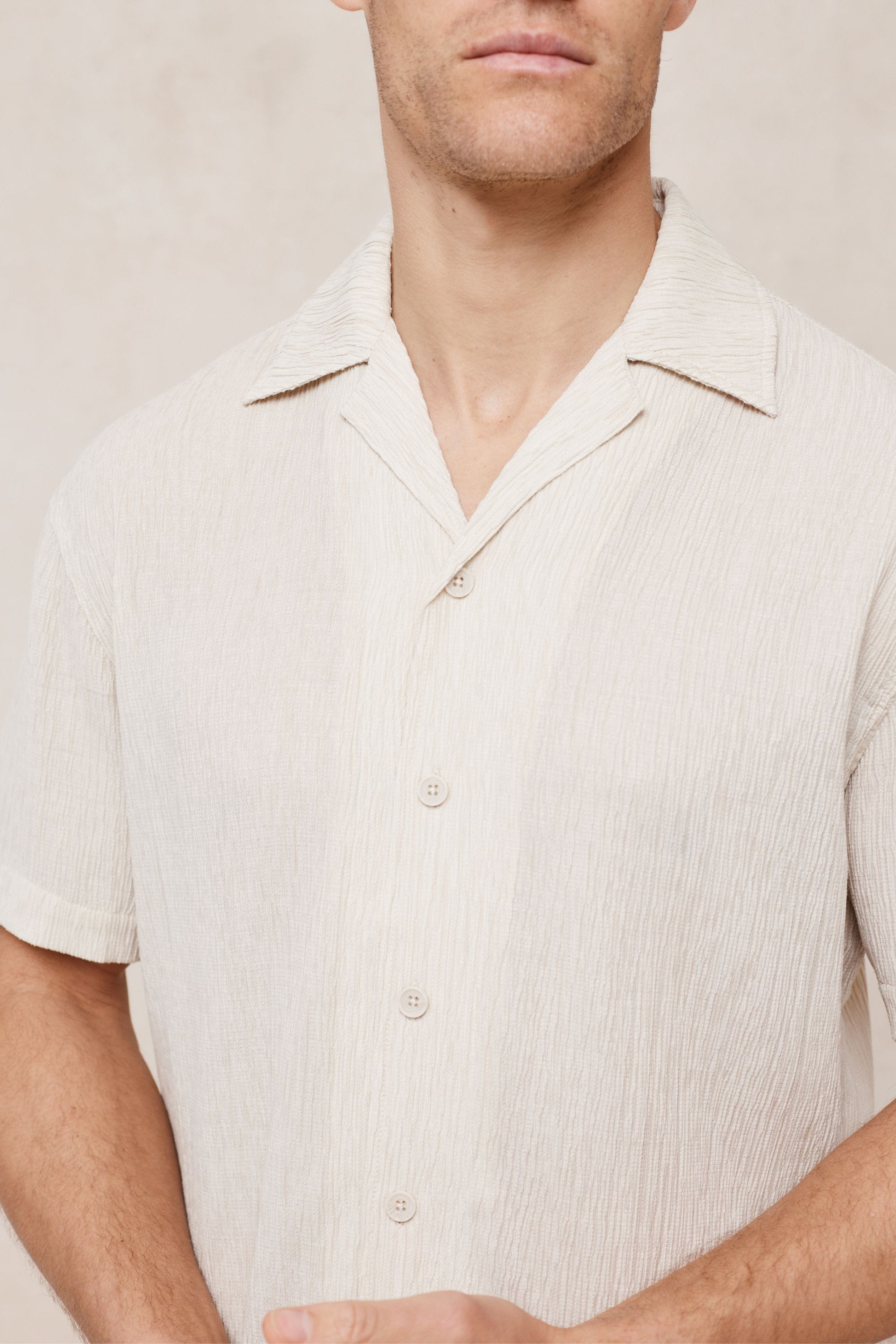 Gabriel Crinkled Tencel Short Sleeve Shirt - Beige