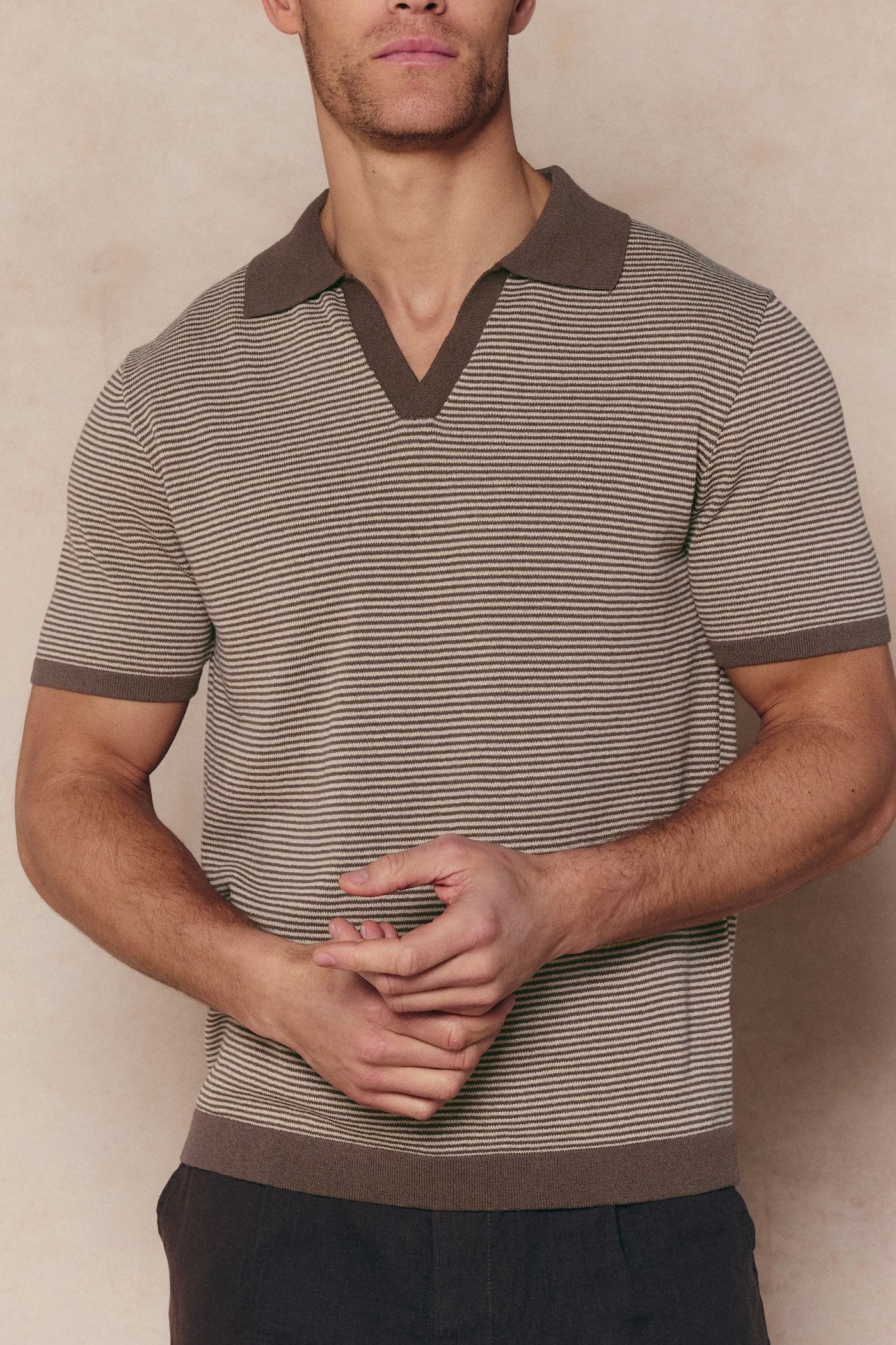 Antonio Contrast Trim Striped Linen Polo - Brown/Beige