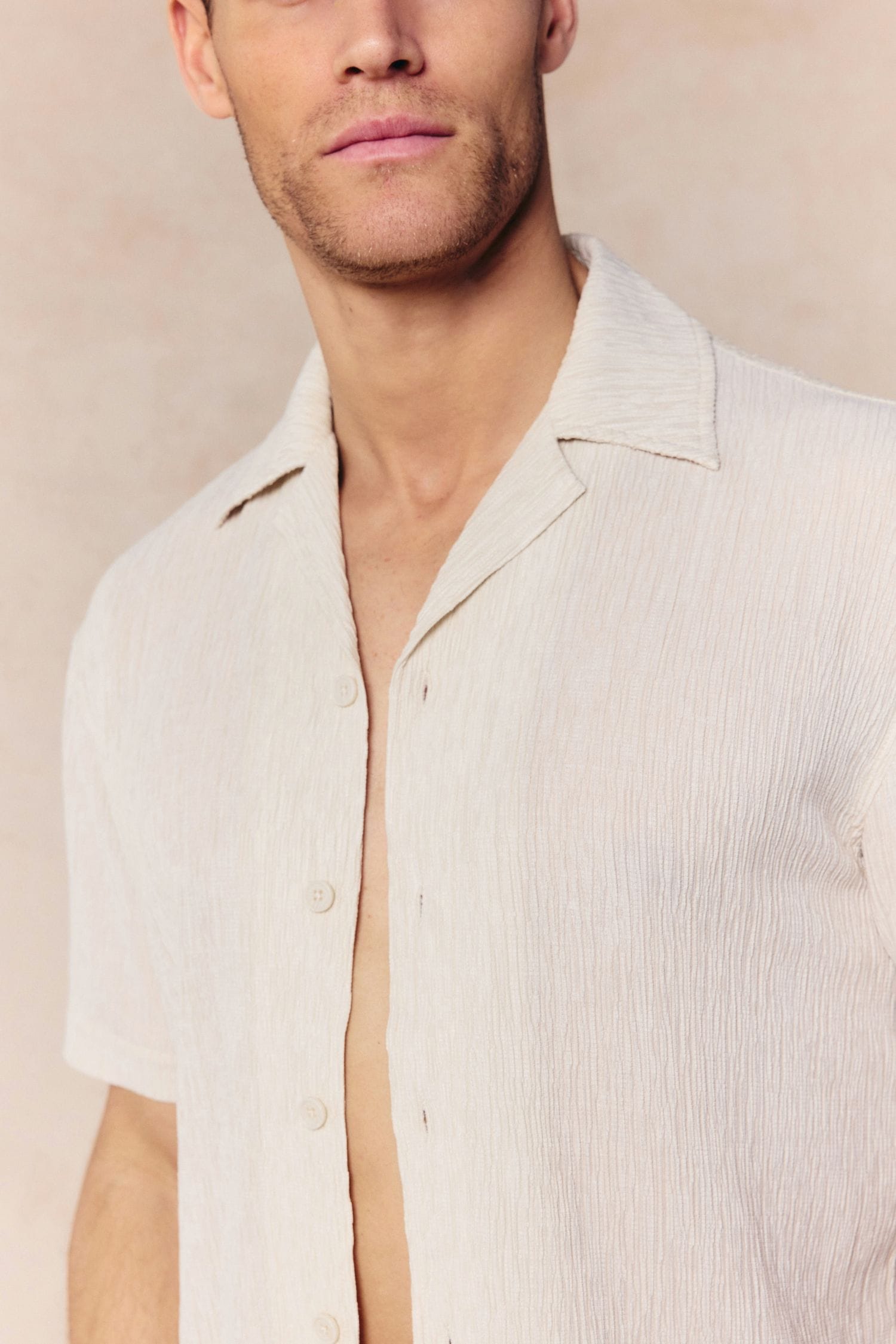 Gabriel Crinkled Tencel Short Sleeve Shirt - Beige
