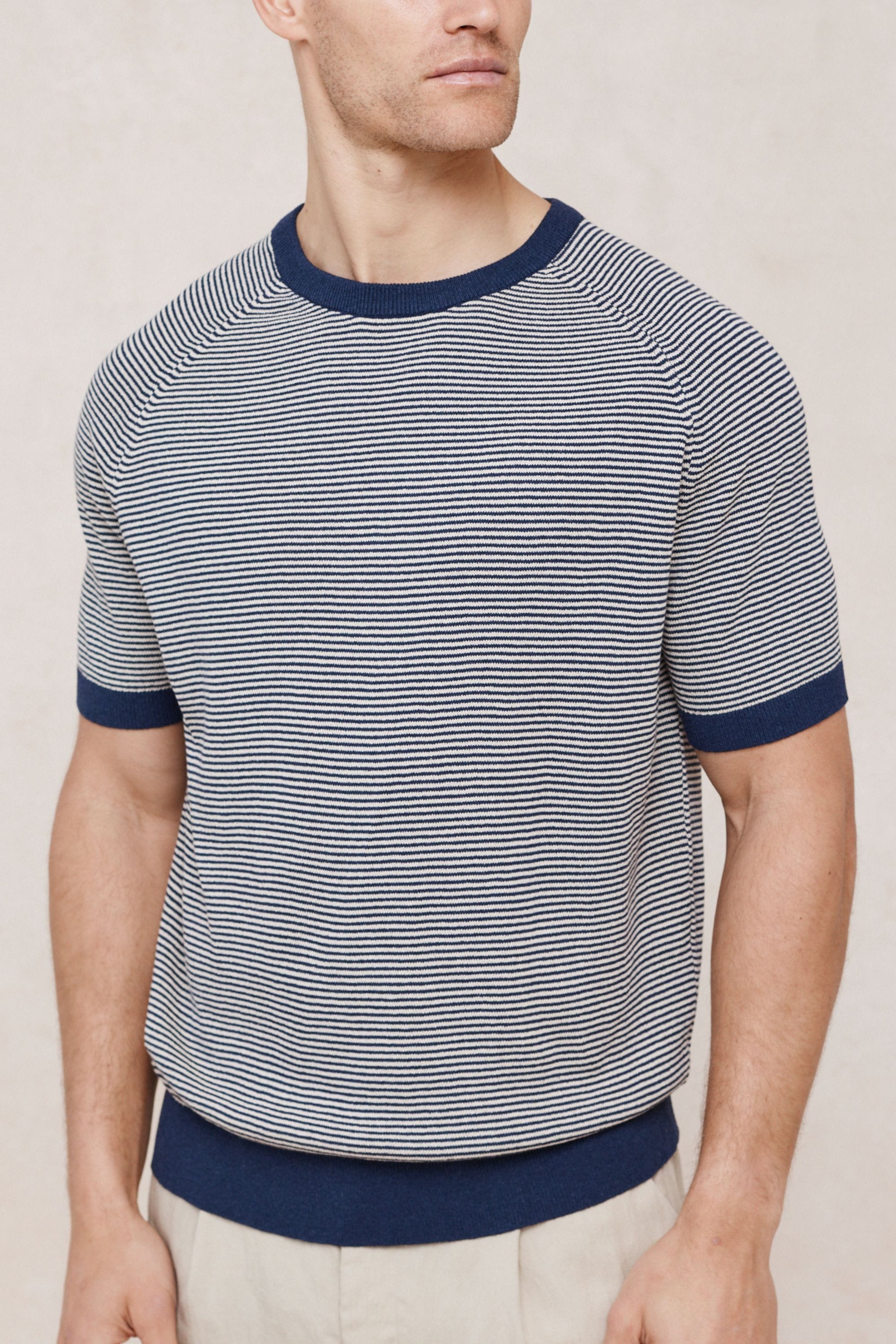 Rafael Linen Striped Crew Neck T-Shirt - Navy/Beige