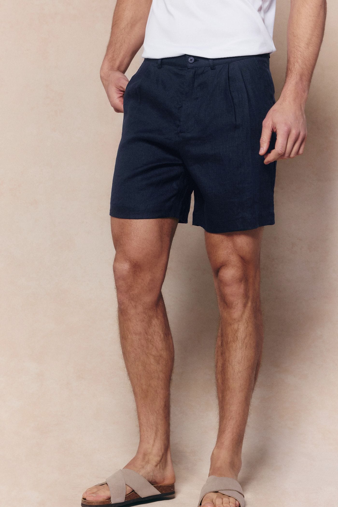 Javier Pleated Waistband Linen Short - Navy