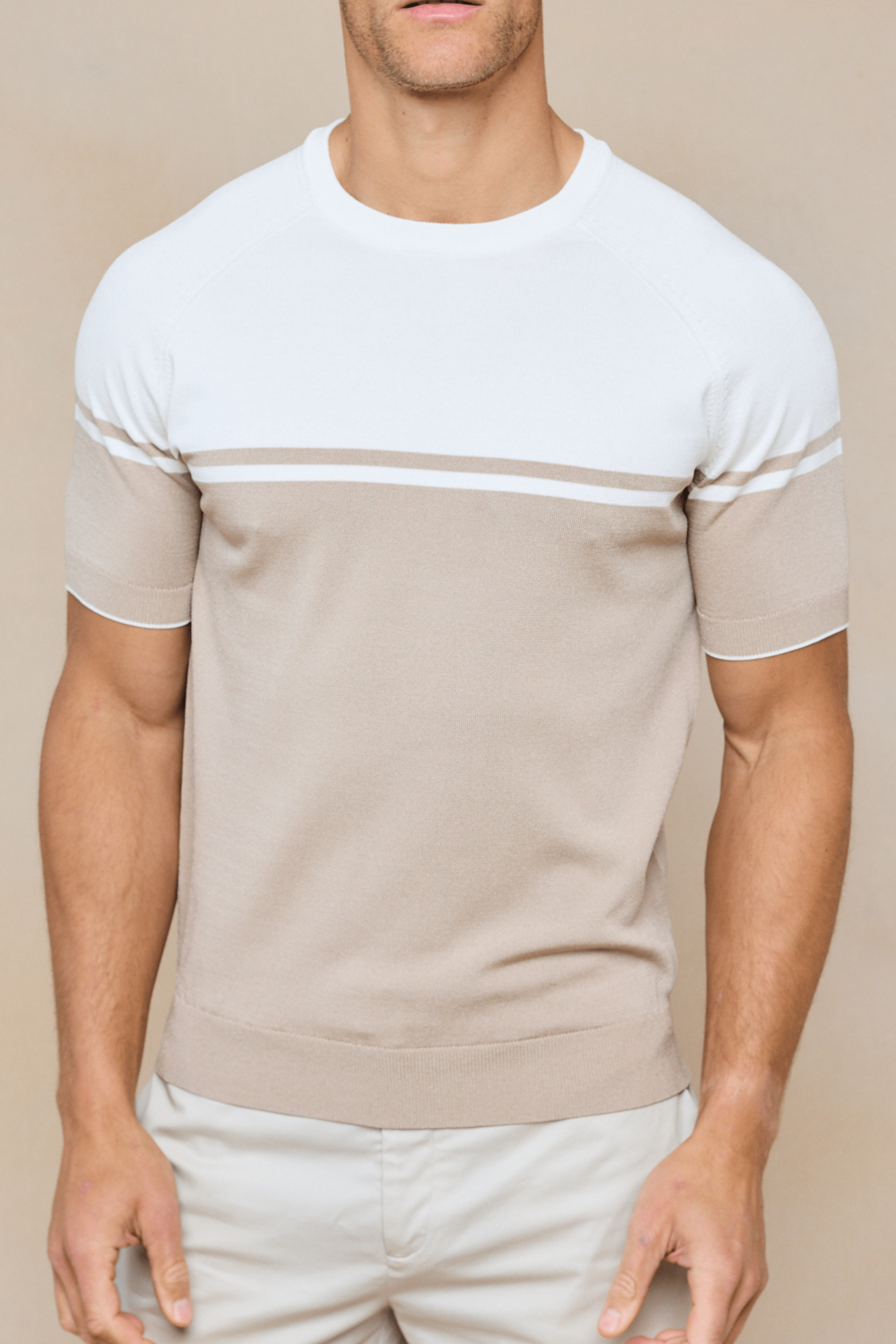 Riera Colour Block Knit Crew Neck T-Shirt - Beige/Ecru