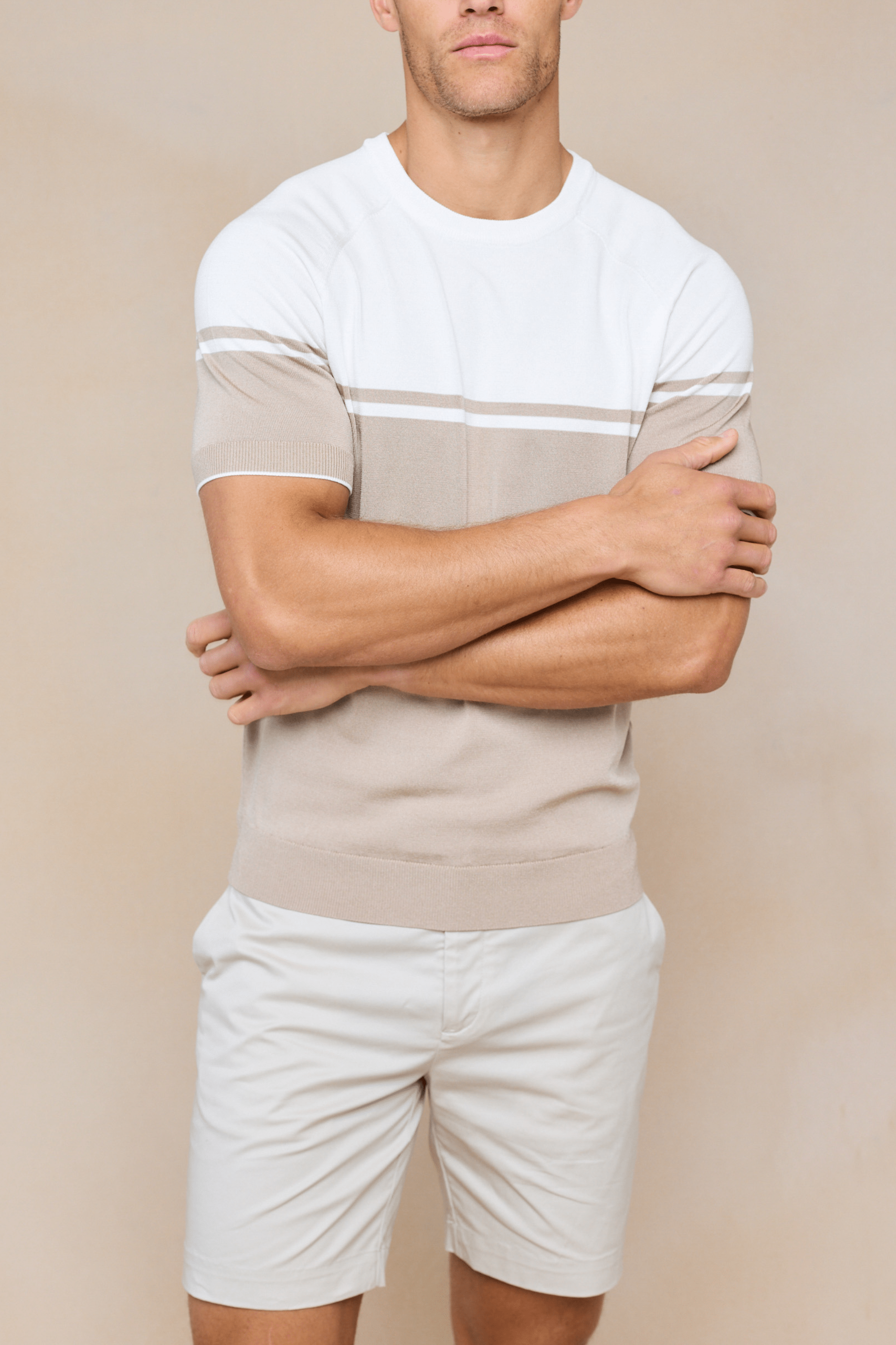 Riera Colour Block Knit Crew Neck T-Shirt - Beige/Ecru