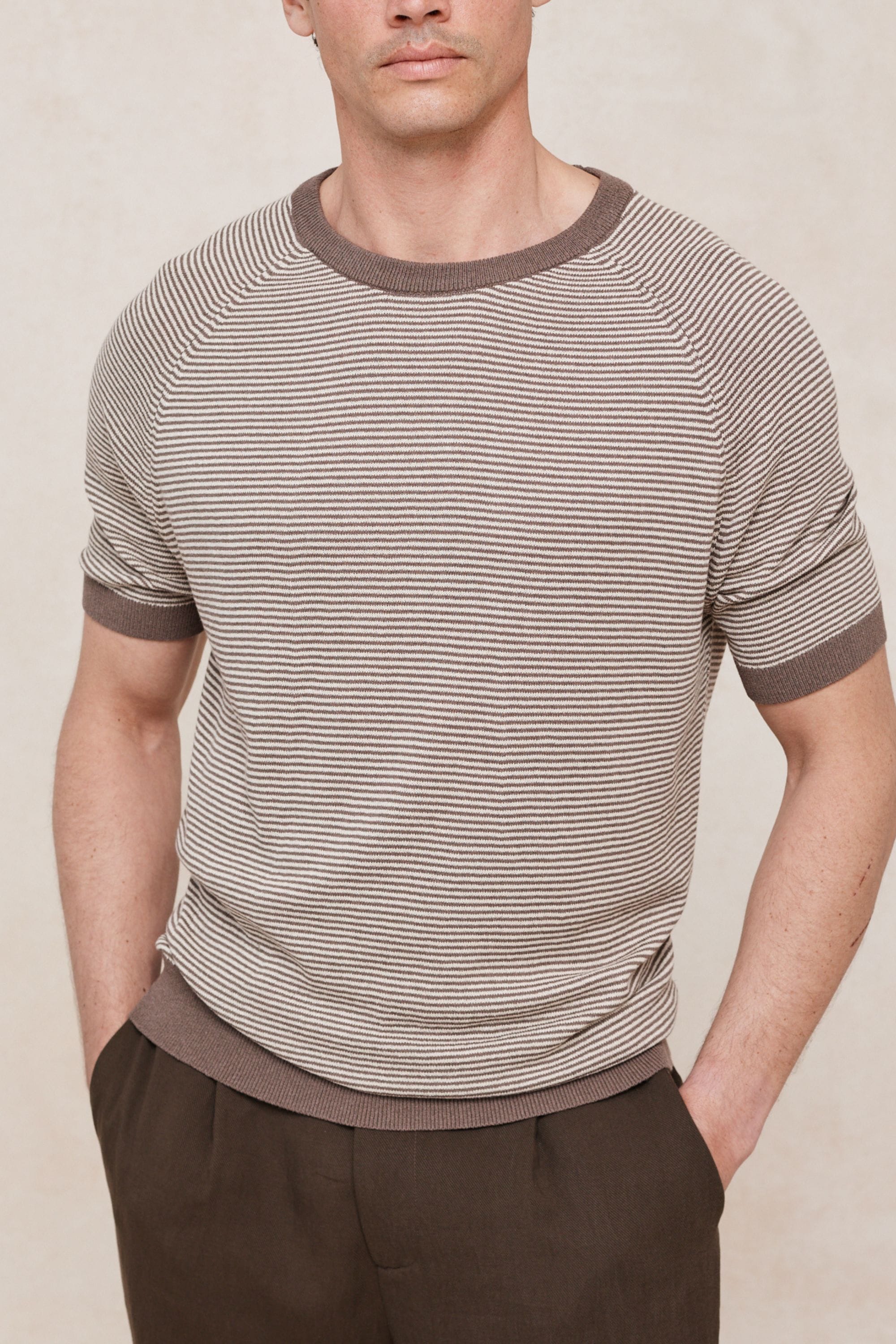 Rafael Linen Striped Crew Neck T-Shirt - Brown/Beige