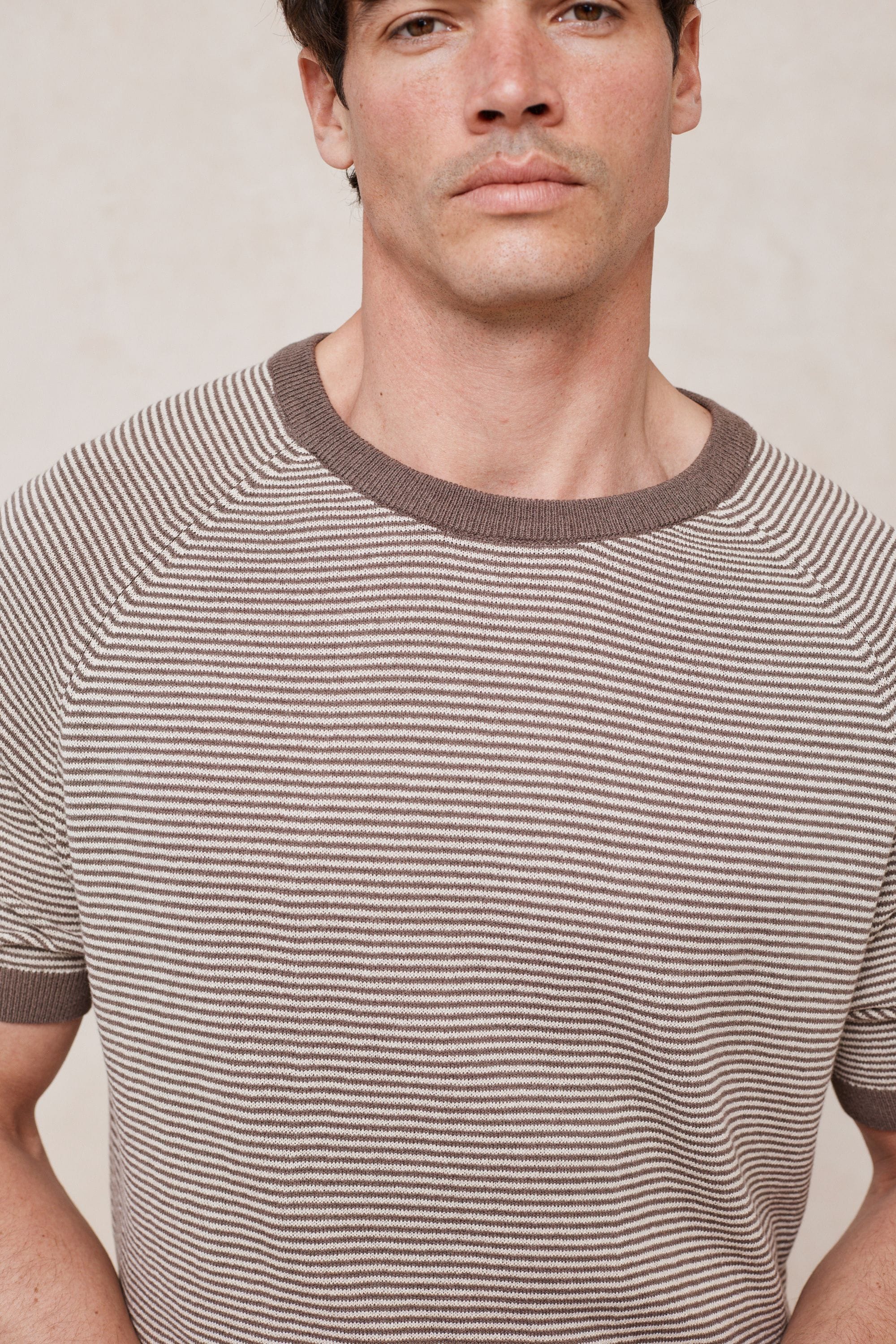 Rafael Linen Striped Crew Neck T-Shirt - Brown/Beige
